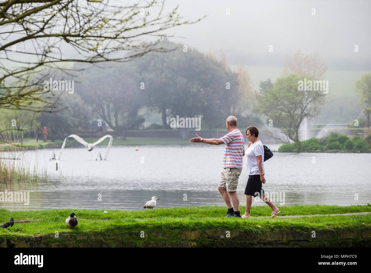 Menschen zu Fuß rund um einen See in Newquay in Cornwall. Stockfoto