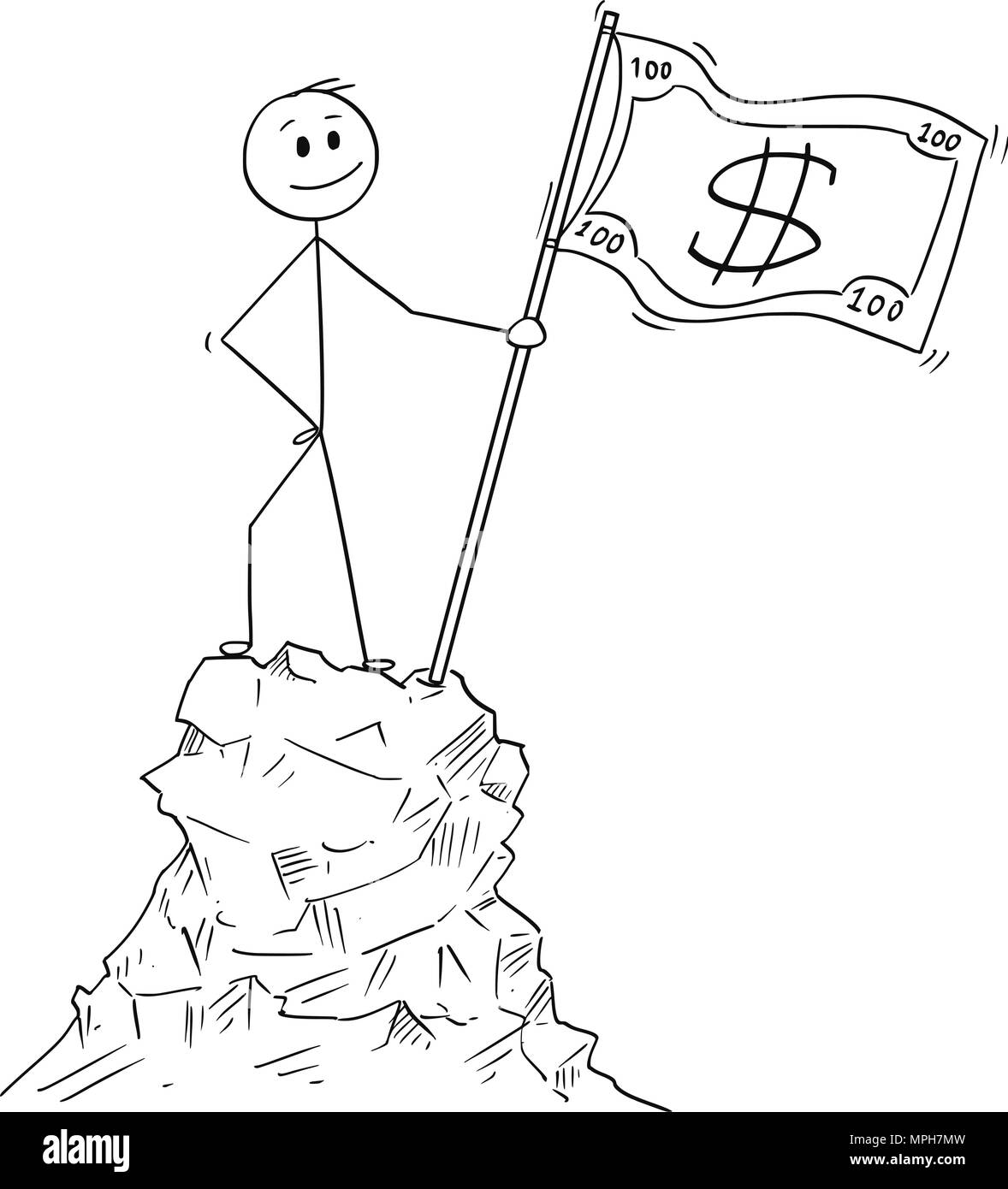 Cartoon der Unternehmer stehen mit Dollar Bill Flagge auf der Spitze oder Gipfel des Berges Stock Vektor
