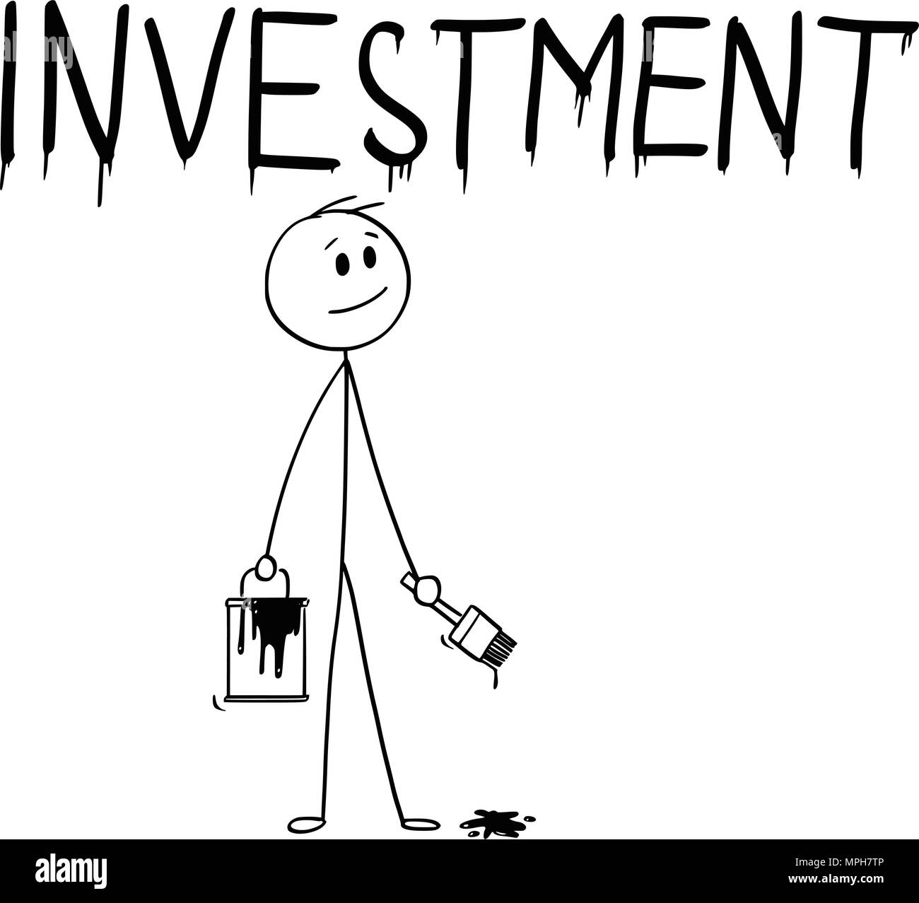 Cartoon von Geschäftsmann mit Pinsel und Farbe kann Malerei das Wort Investitionen Stock Vektor