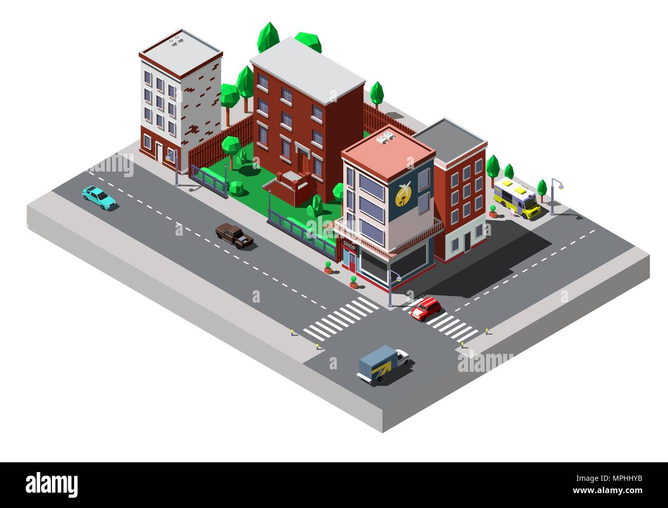 Vektor isometrische Stadt Gebäude mit Autos und Bäume auf die Straßen Stock Vektor