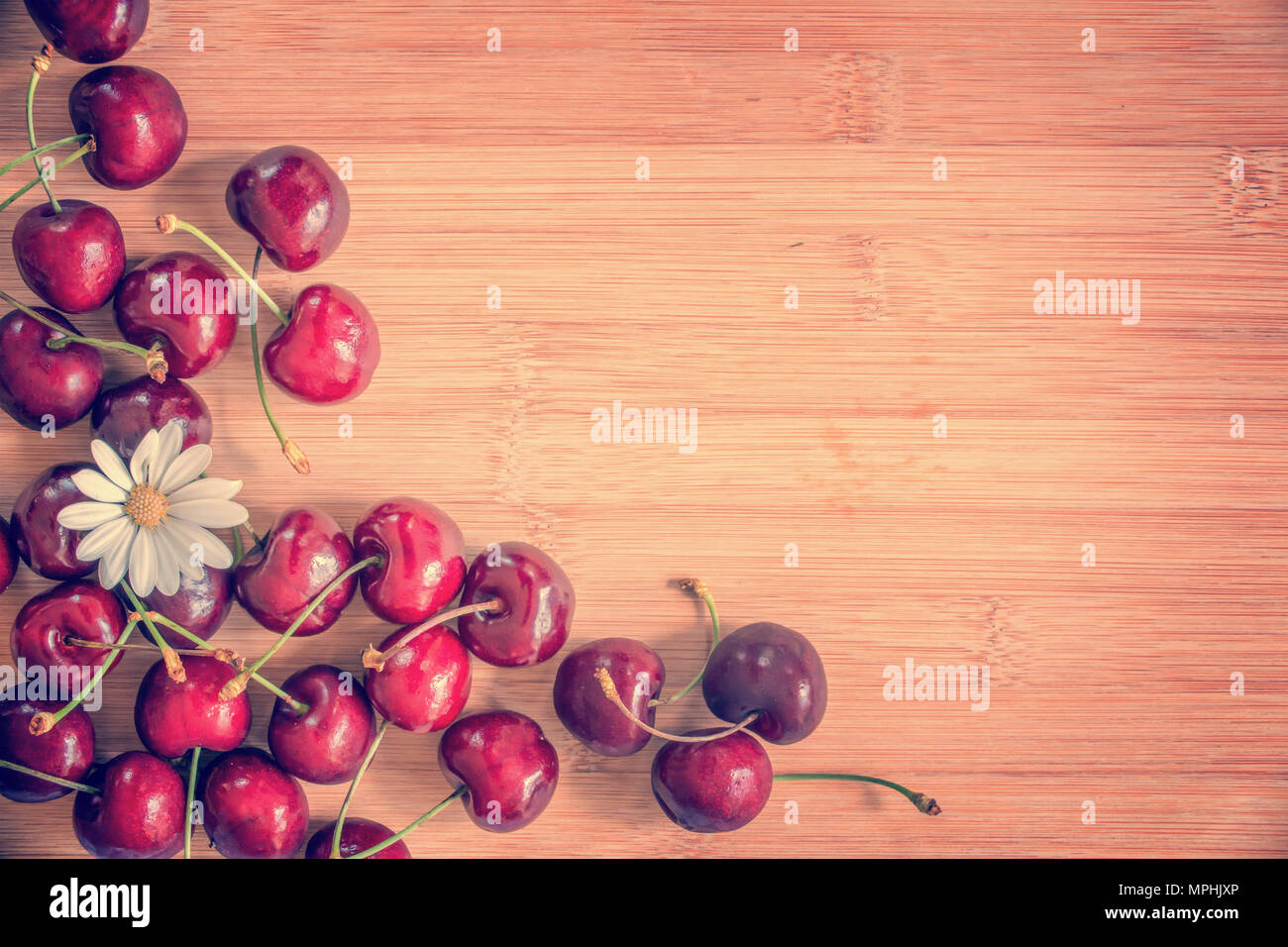 Kirschen und Daisy auf Holz Hintergrund mit Kopie Raum Stockfoto