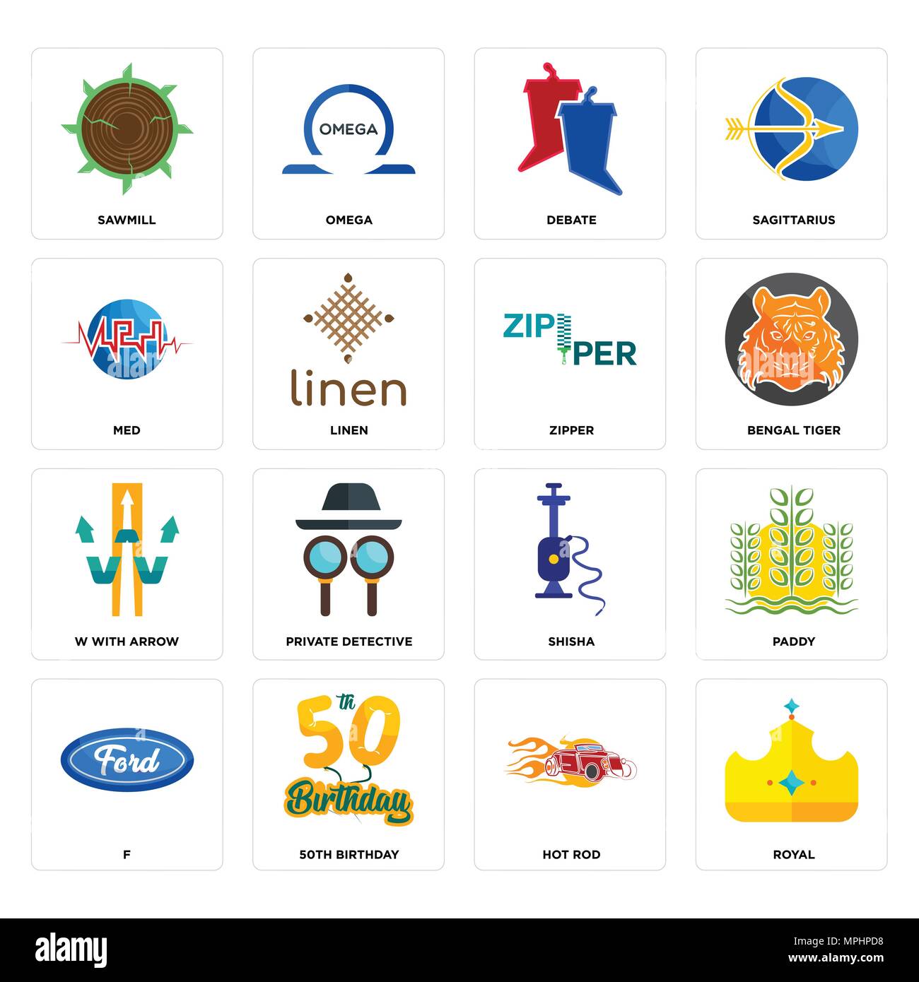 16 Einfache editierbare Ikonen wie Royal, Hot rod, 50. Geburtstag, f, Paddy, Sägewerk, Med, w mit Pfeil, Reißverschluss für mobile verwendet werden, die Web-UI Stock Vektor