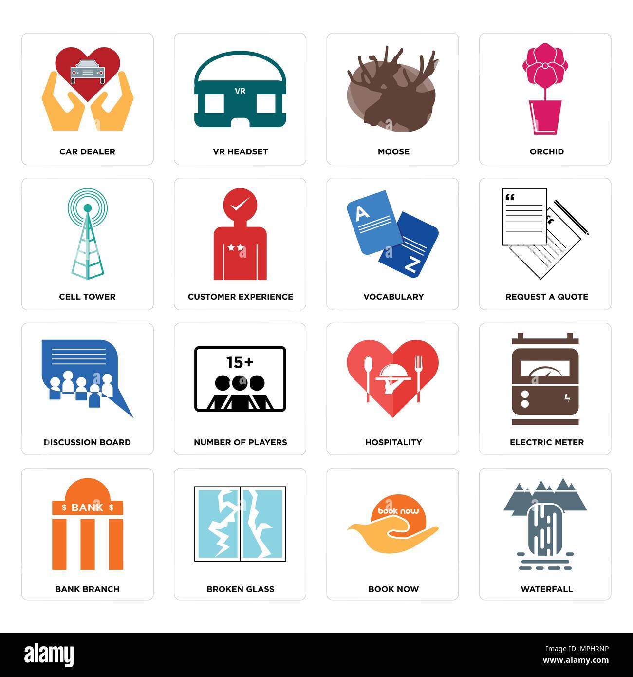 16 Einfache editierbare Ikonen wie Wasserfall, buchen Sie jetzt, zerbrochenes Glas, Bankfiliale, Stromzähler, Autohändler, Funkmast, Diskussionsforum, voca Stock Vektor
