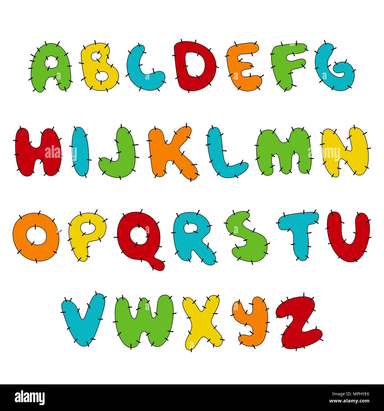 Genähte Hand schriftliche Anzeige farbige Schrift, Kid Stil. ABC. gepatcht, Nähte, Dekorative lustig Vektor Alphabet und Zahlen. Stock Vektor