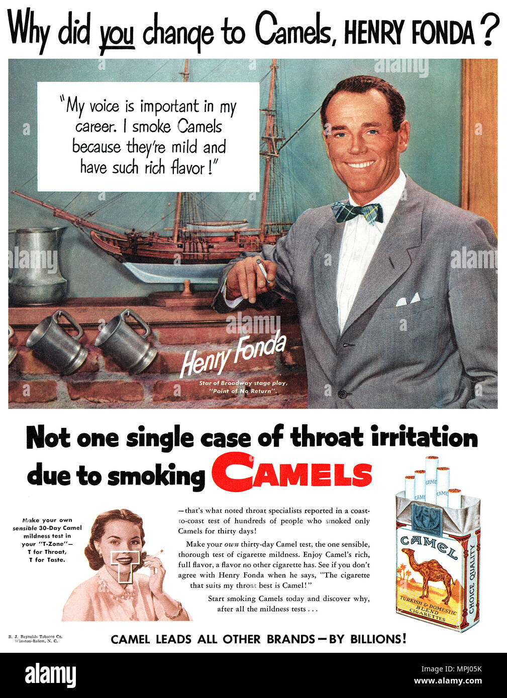 1951 US-Werbung für Zigaretten Camel, Schauspieler Henry Fonda. Stockfoto