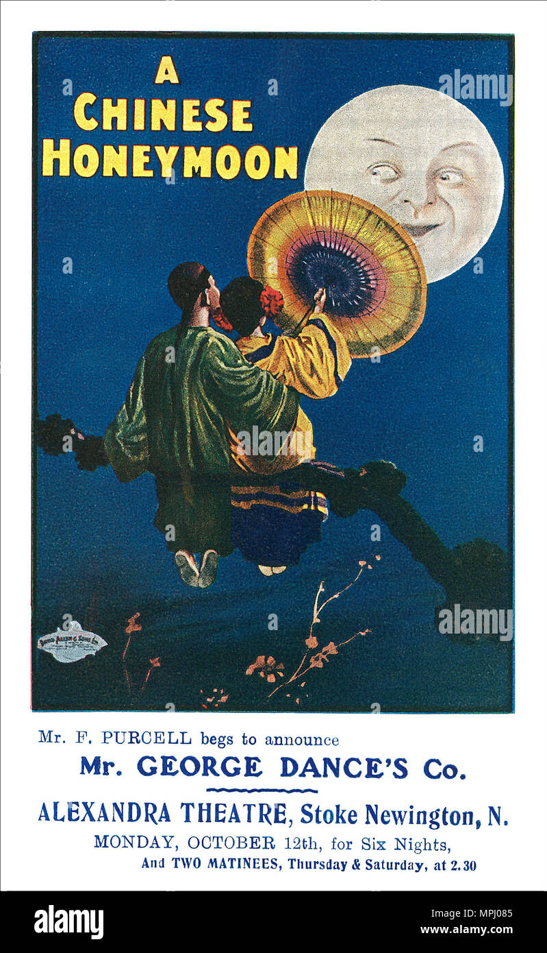 Alte Ansichtskarte Werbung eine chinesische Hochzeitsreise, eine musikalische Komödie in zwei Akten von George Dance geschrieben mit der Musik von Howard Talbot. Stockfoto