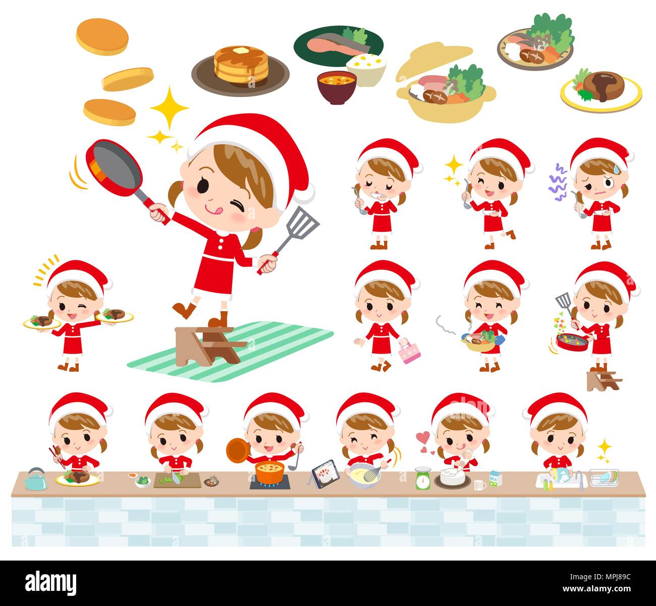 Satz von verschiedenen Posen von Santa Claus Kostüm Mädchen_Kochen Stock Vektor