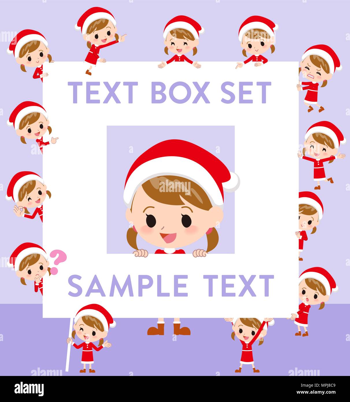 Satz von verschiedenen Posen von Santa Claus Kostüm Mädchen_Textfeld Stock Vektor
