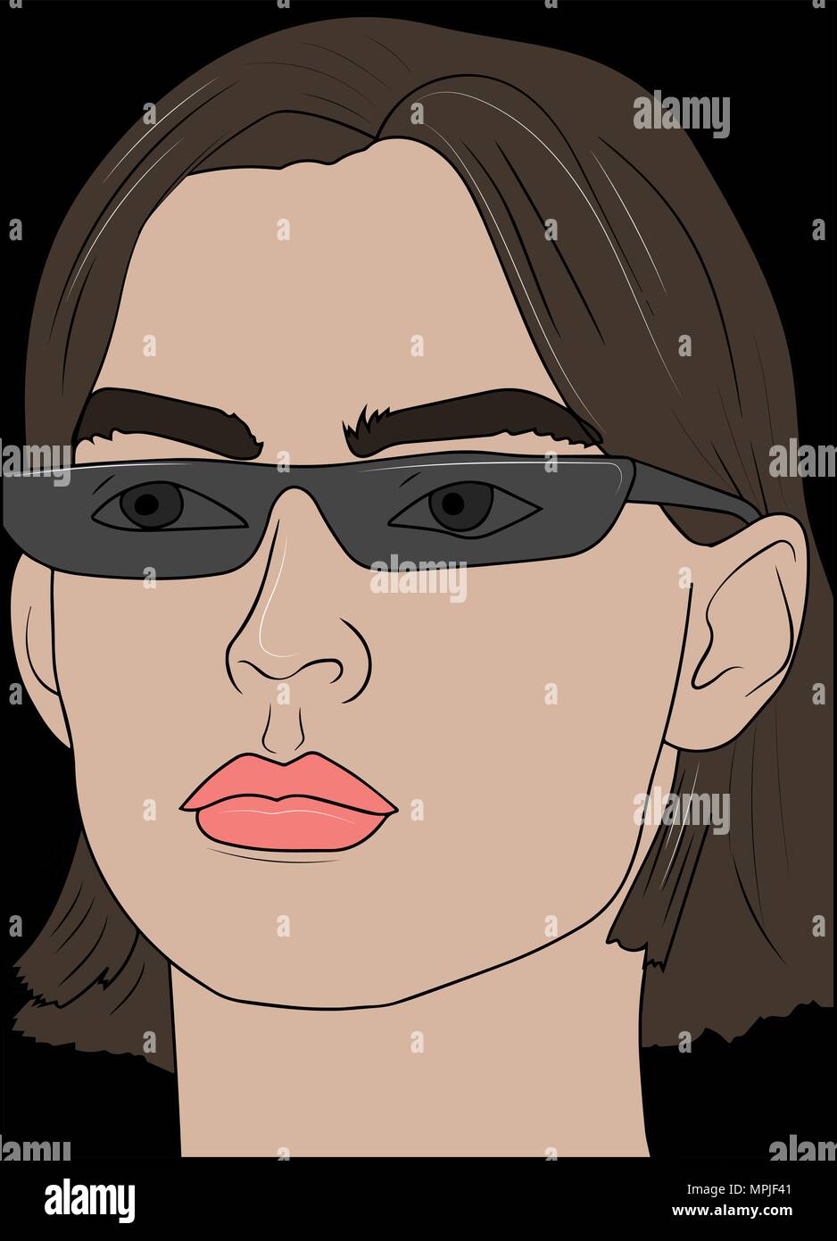 Vector Illustration. Wunderschöne Frau in Gläsern auf schwarzem Hintergrund Stock Vektor