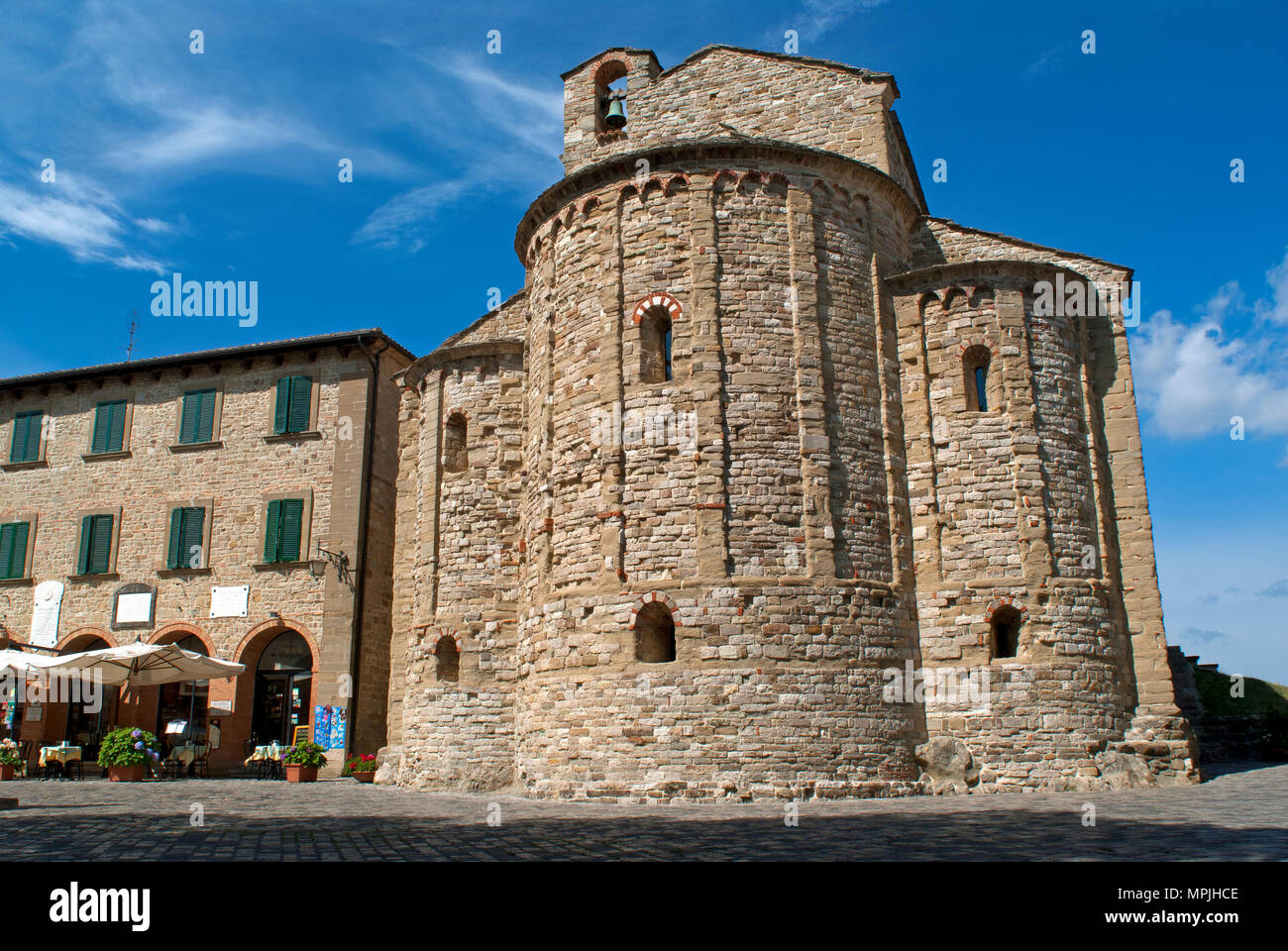 Alte Kirche, Pieve von San Leo (ex Montefeltro), Emilia-Romagna, Italien Stockfoto