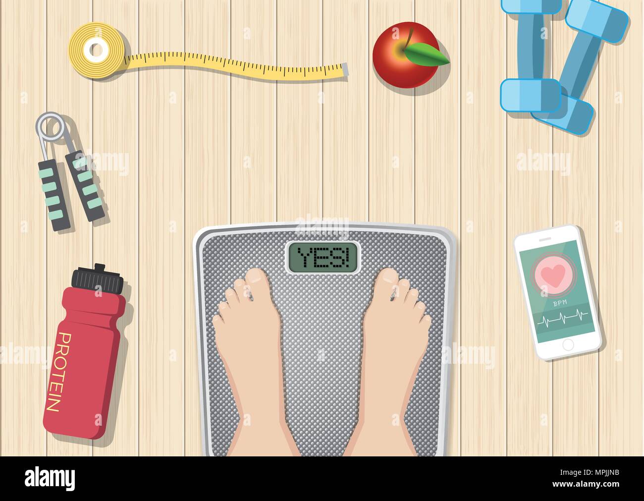 Sport und gesunde Gerätekonzept auf hölzernen Hintergrund, gesunde Ernährung und Wellness Banner, Objekte auf einem Holzboden, Ansicht von oben. Stock Vektor