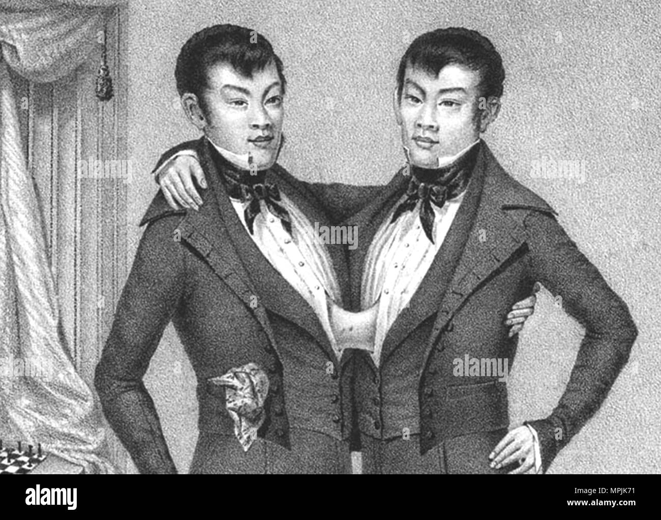 CHANG UND ENG BUNKER (1811-1874) Thai-American Zwillinge Brüder, deren Zustand und den Geburtsort der Begriff iamese Twins" geprägt. Chang ist auf der rechten Seite in diesem Werbemittel, Lithographie, um 1835. Stockfoto
