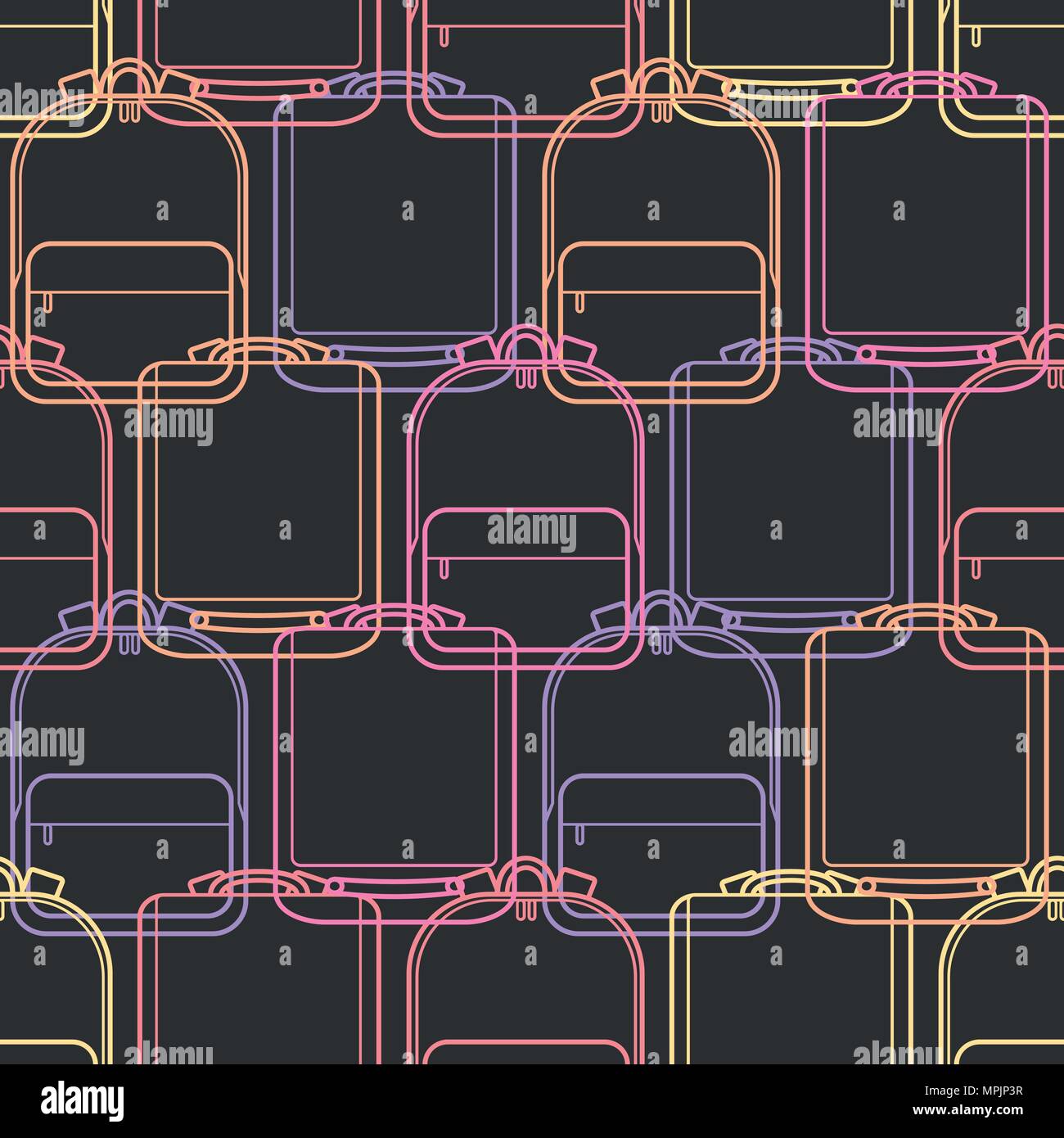 Verschiedene Schultaschen in Neon umrissebene Cute auf grauem Hintergrund. Nahtlose Muster Hintergrund Design in Vector Illustration. Stock Vektor