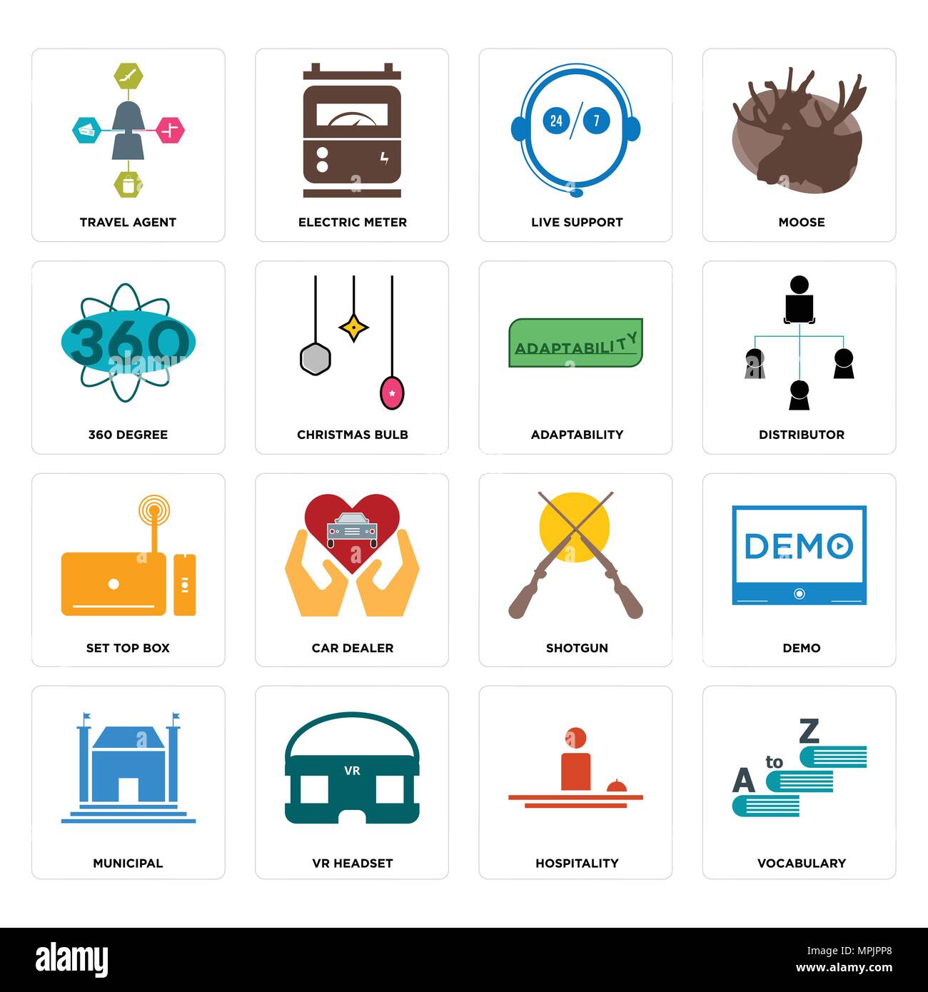 16 Einfache editierbare Symbole wie Wortschatz, Gastfreundschaft, VR-Headset, kommunale, Demo, Reisebüro, 360 Grad, Set Top Box, Anpassungsfähigkeit können Stock Vektor