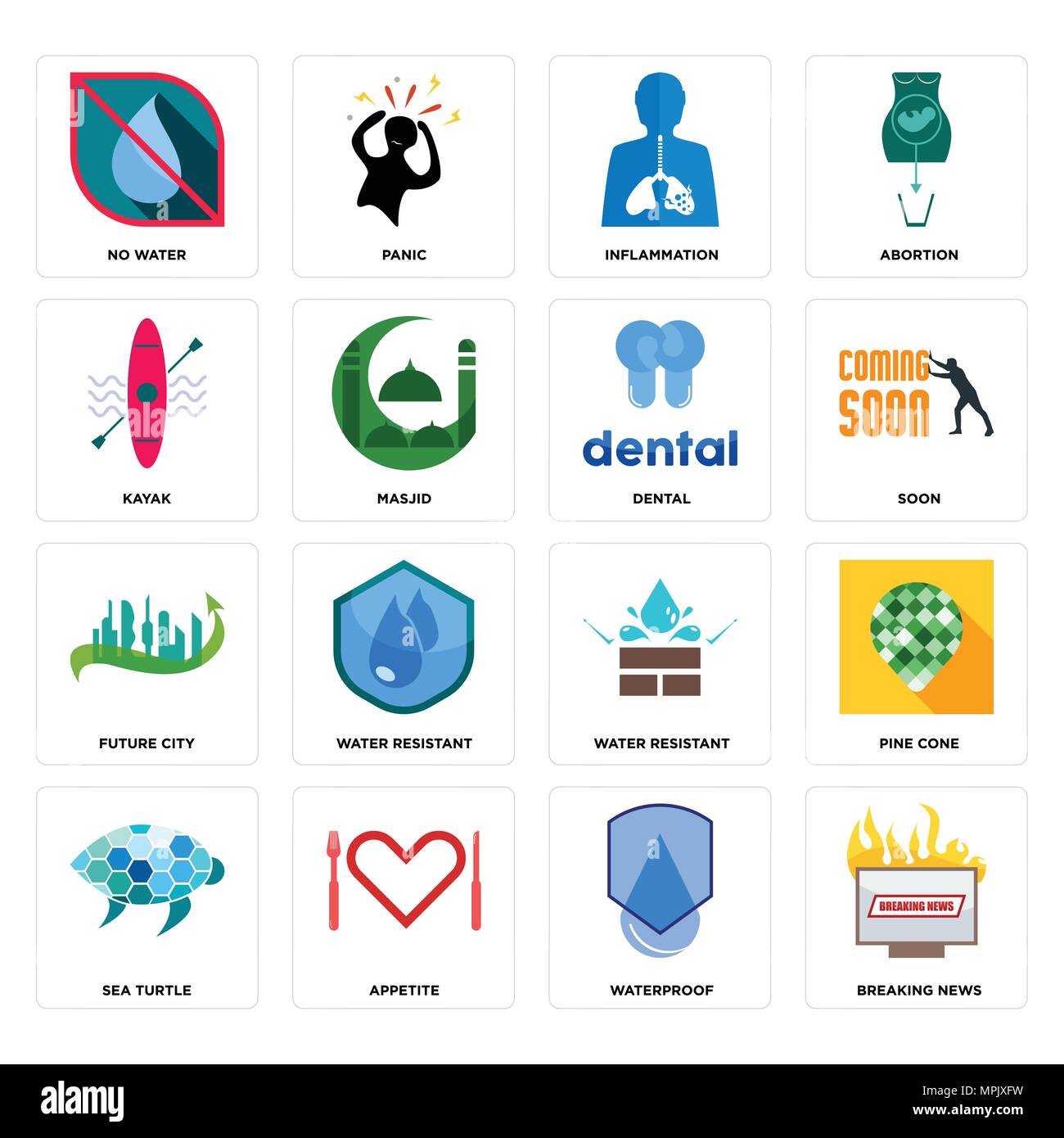 16 Einfache editierbare Symbole wie das Brechen von von Nachrichten, wasserdicht, Appetit, Meeresschildkröten, Pine Cone, kein Wasser, Kajak, Stadt der Zukunft, zahnmedizinische verwendet werden können, f Stock Vektor