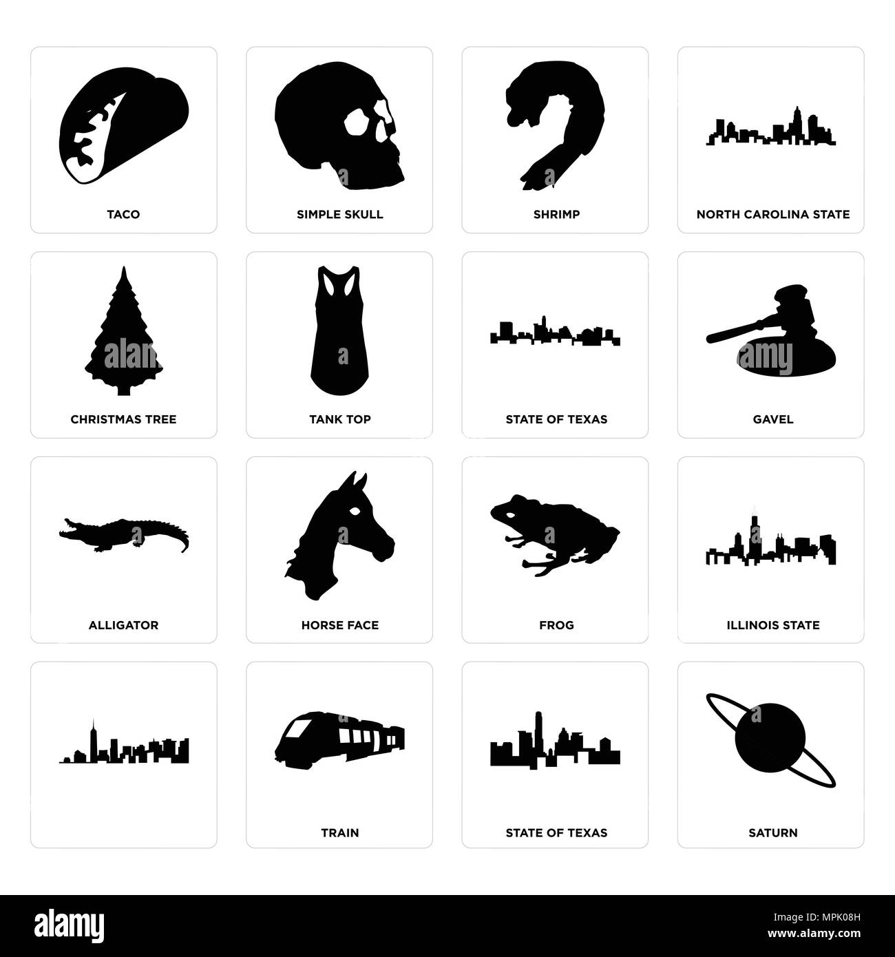 16 Einfache editierbare Ikonen wie Saturn, Texas, Zug,, Illinois Zustand, Taco, Weihnachtsbaum, Alligator, Texas kann für mobile verwendet werden. Stock Vektor