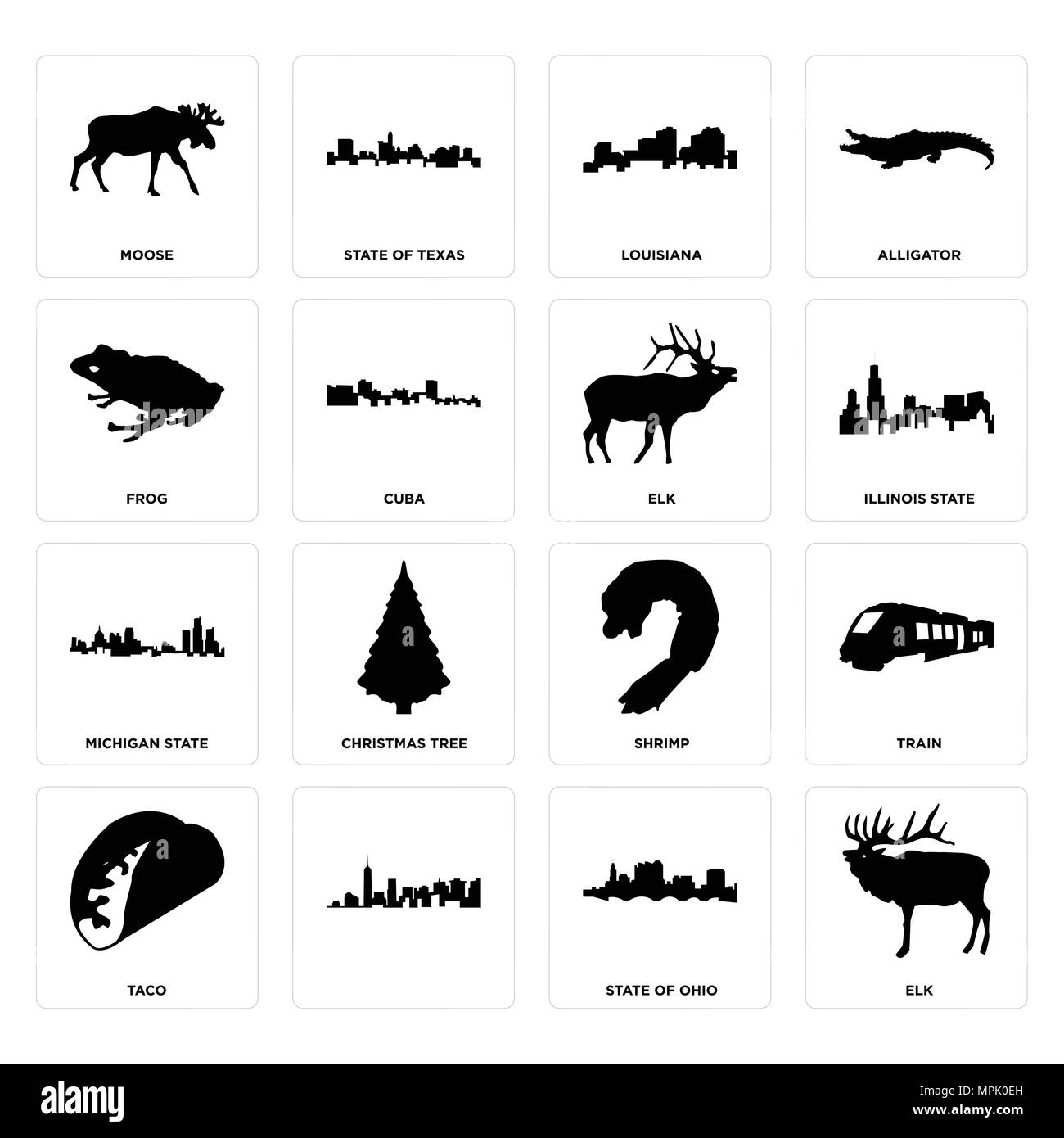 16 Einfache editierbare Ikonen wie Elch, Bundesstaat Ohio,, Taco, Zug, Elche, Frosch, Michigan State, Elch für mobile verwendet werden, die Web-UI Stock Vektor