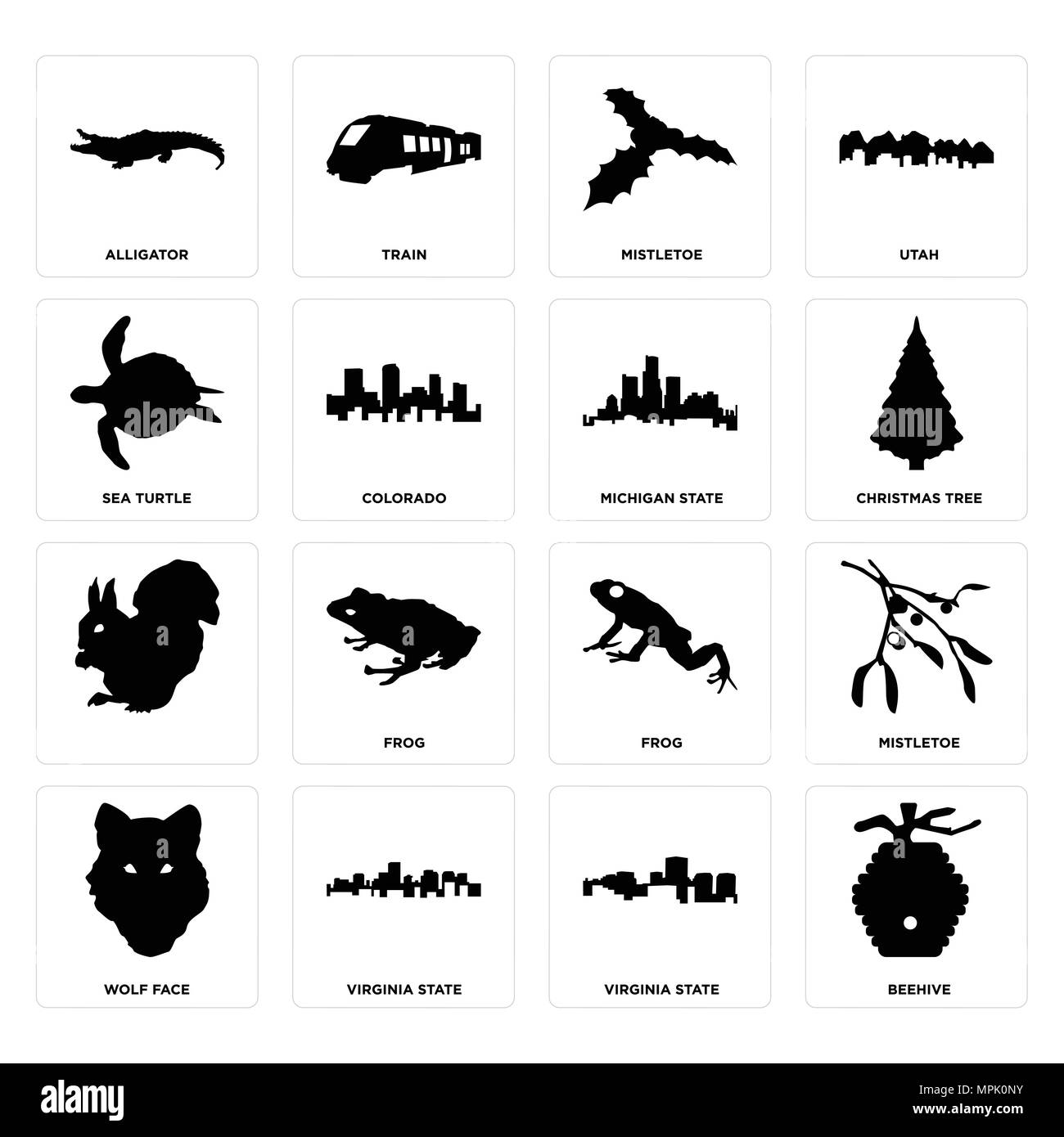 16 Einfache editierbare Ikonen wie Bienenstock, Virginia State, Wolf Gesicht, Mistel, Alligator, Meer, Schildkröte, Michigan State für mobile verwendet werden, Stock Vektor