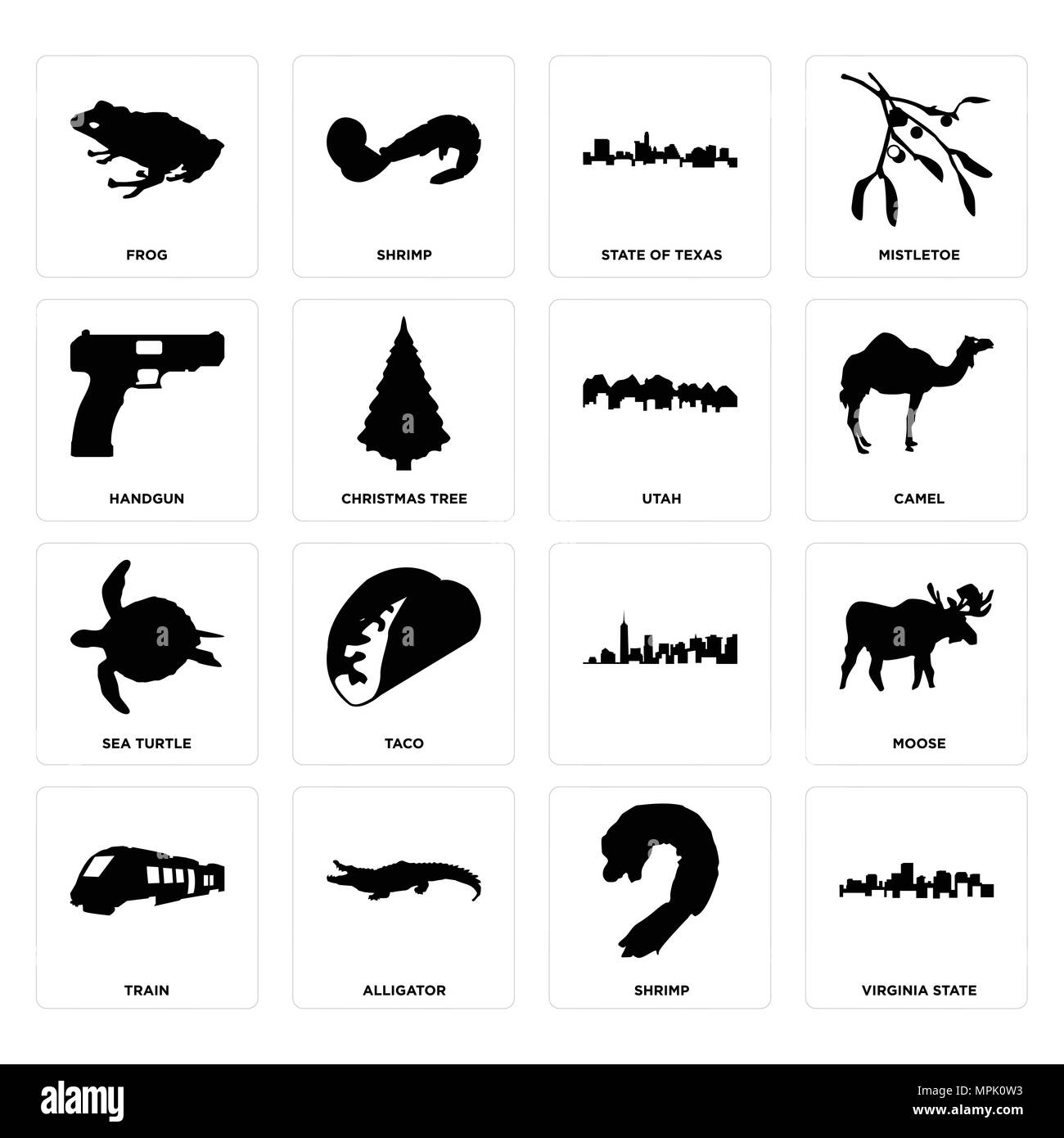 16 Einfache editierbare Ikonen wie Virginia State, Garnelen, Alligator, Zug, Elche, Frosch, Pistole, Meeresschildkröten, Utah für mobile verwendet werden, Web U Stock Vektor