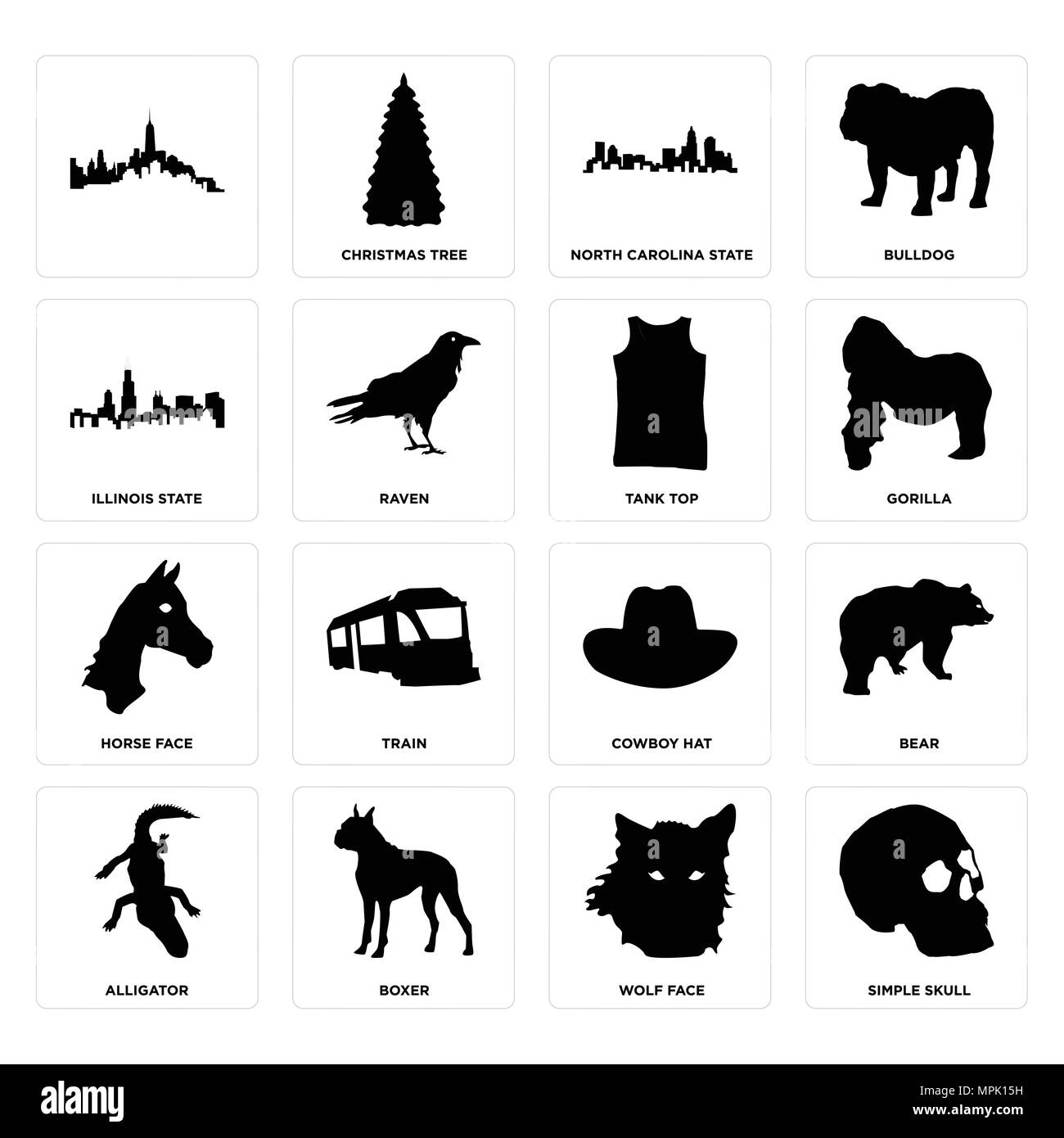 16 Einfache editierbare Ikonen wie Schädel, Wolf Gesicht, Boxer, Alligator, Bär,, Illinois Zustand, Pferd Tank Top für mobile verwendet werden, die Web-UI Stock Vektor