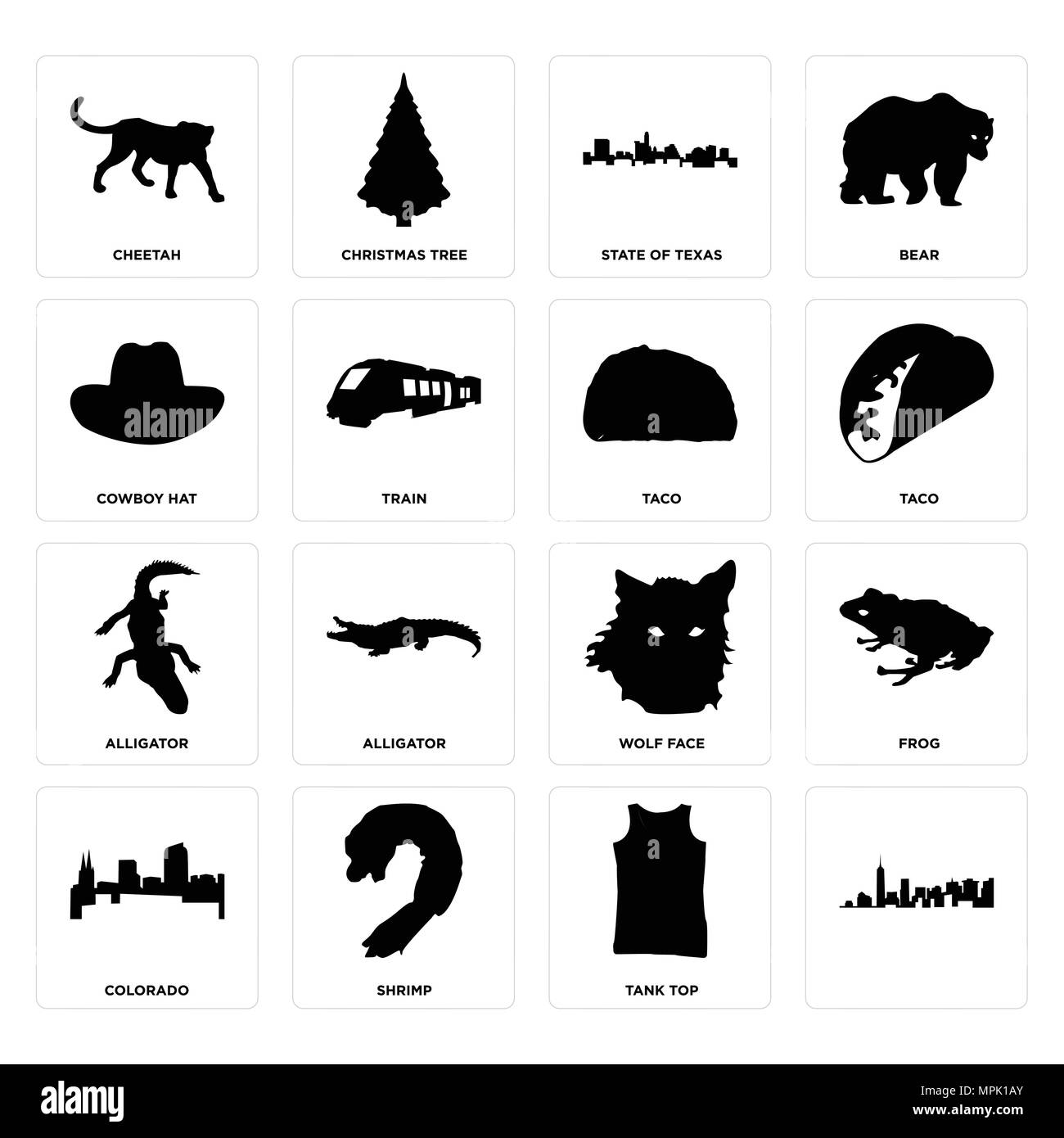 16 Einfache editierbare Ikonen wie, Tank Top, Garnelen, Colorado, Frosch, cheetah, Cowboyhut, Alligator, Taco für mobile verwendet werden, die Web-UI Stock Vektor