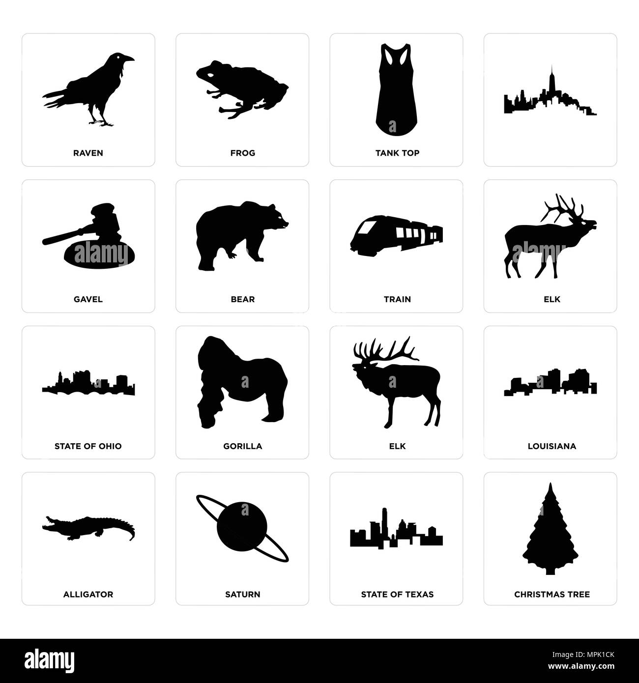 16 Einfache editierbare Ikonen wie Weihnachtsbaum, Texas, Saturn, Alligator, Louisiana, Raven, Hammer, Ohio, Zug für mobile verwendet werden kann. Stock Vektor