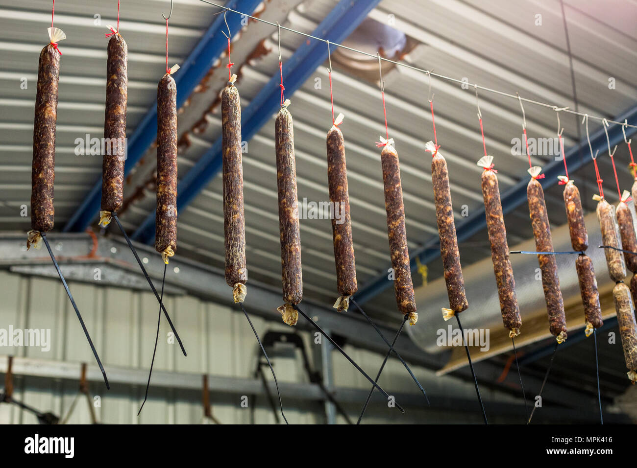 Hausgemachte italienische Wurst hängen in den Hinterhof zu trockene Schuppen Stockfoto