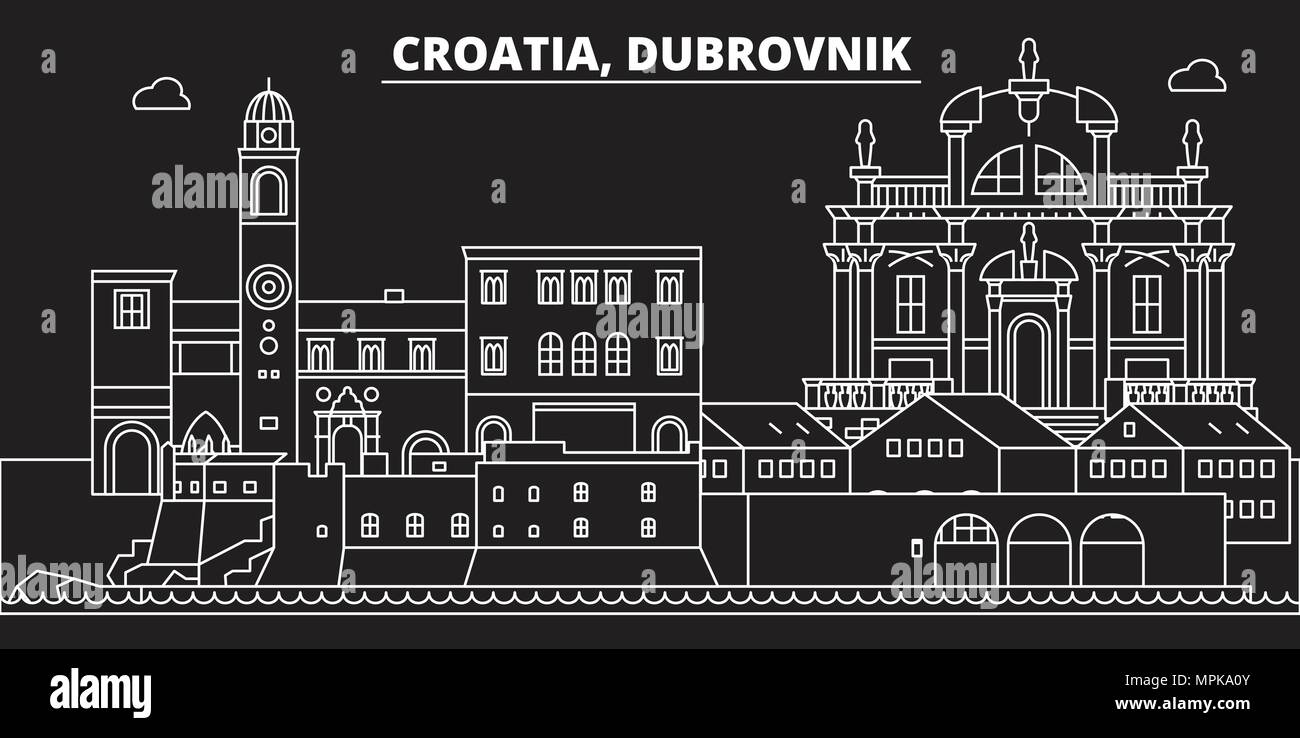 Dubrovnik silhouette Skyline. Kroatien - Dubrovnik vektor Stadt, Kroatisch geradlinige Architektur, Gebäude. Dubrovnik reisen, Illustration, umriss Wahrzeichen. Kroatien Flachbild-Symbol, kroatische Linie banner Stock Vektor