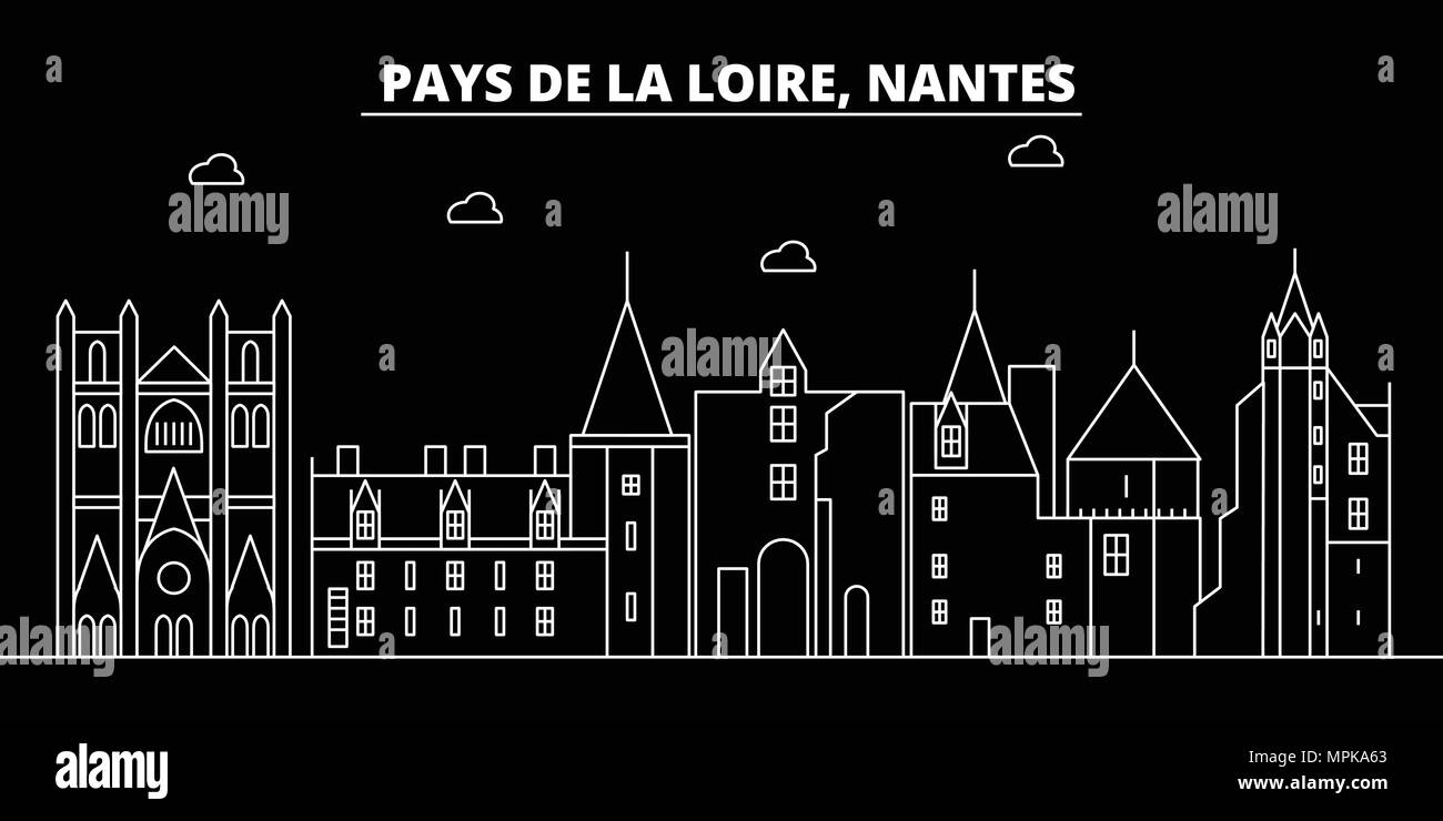 Nantes silhouette Skyline. Frankreich - Nantes vektor Stadt, Französisch geradlinige Architektur, Gebäude. Nantes reisen Abbildung, umriss Wahrzeichen. Frankreich Flachbild-Symbol, French Line banner Stock Vektor