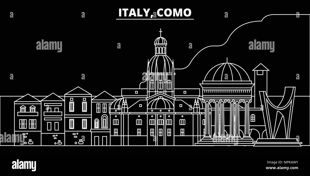 Como silhouette Skyline. Italien - Comer See vector Stadt, den italienischen geradlinige Architektur, Gebäude. Como reisen Abbildung, umriss Wahrzeichen. Italien flache Symbol, Italienisch online banner Stock Vektor