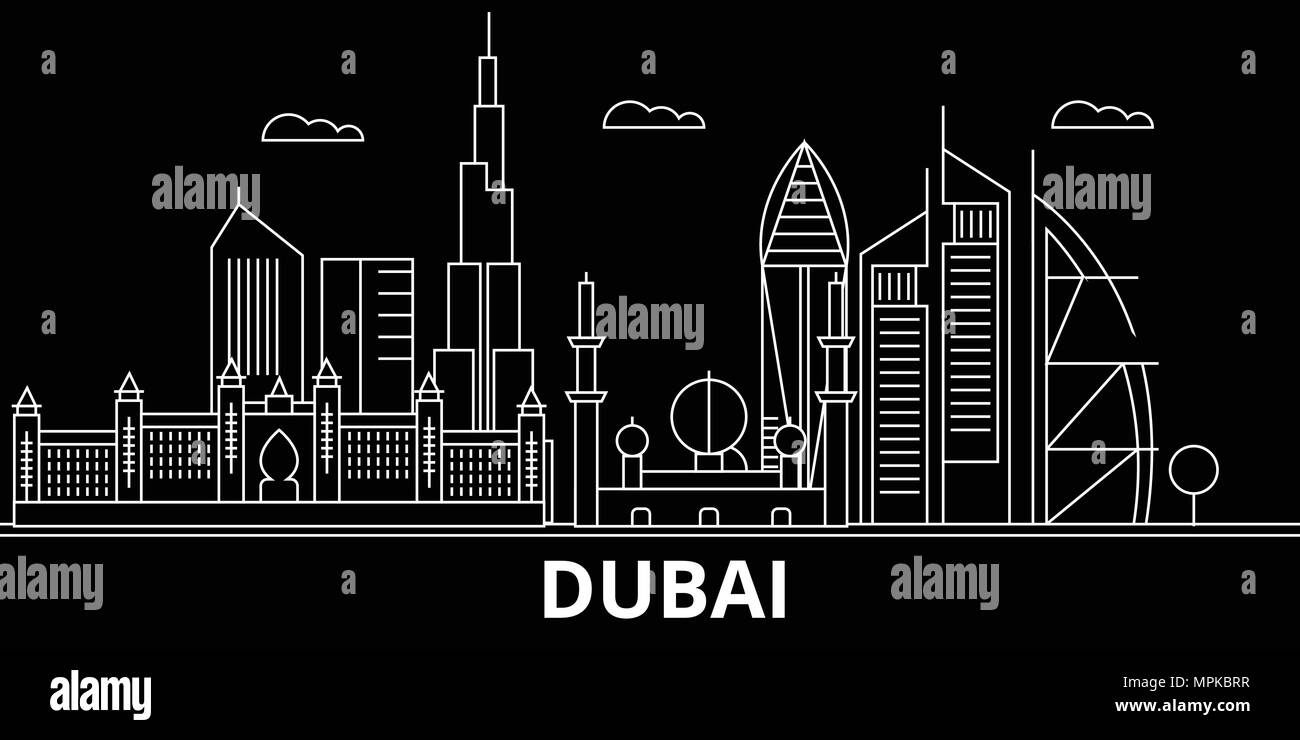 Dubai silhouette Skyline. Vereinigte Arabische Emirate - Dubai vektor Stadt, arabischen geradlinige Architektur, Gebäude. Dubai reisen Abbildung, umriss Wahrzeichen. Vereinigte Arabische Emirate, arabische Flachbild Symbol line Banner Stock Vektor