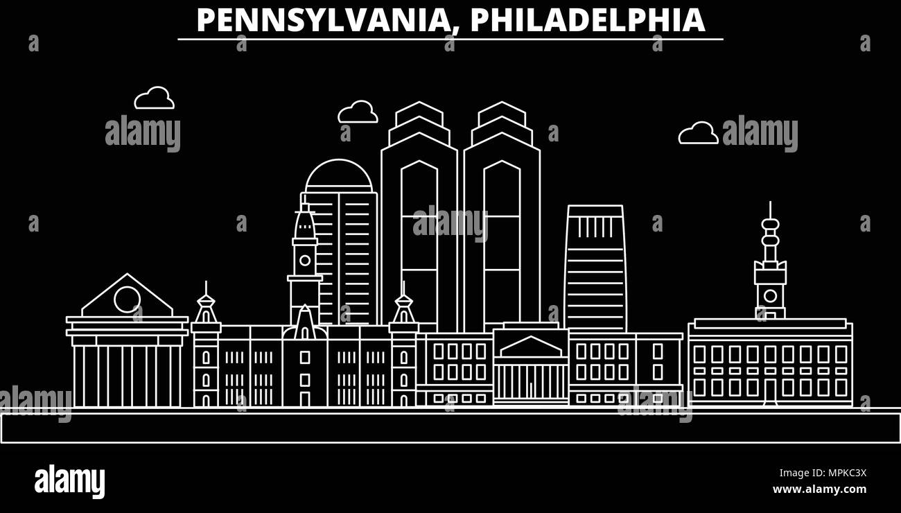 Philadelphia silhouette Skyline. USA - Philadelphia vektor Stadt, amerikanische geradlinige Architektur, Gebäude. Philadelphia reisen Abbildung, umriss Wahrzeichen. USA Flachbild Icons, American Line banner Stock Vektor