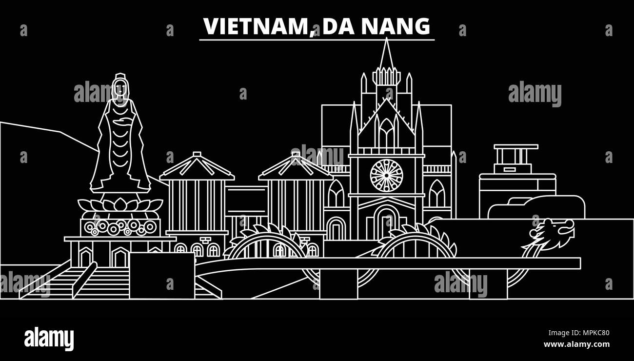 Da Nang silhouette Skyline. Vietnam - Da Nang vektor Stadt, Vietnamesisch geradlinige Architektur, Gebäude. Da Nang reisen Abbildung, umriss Wahrzeichen. Vietnam flachbild Symbole, Vietnamesisch Linie banner Stock Vektor