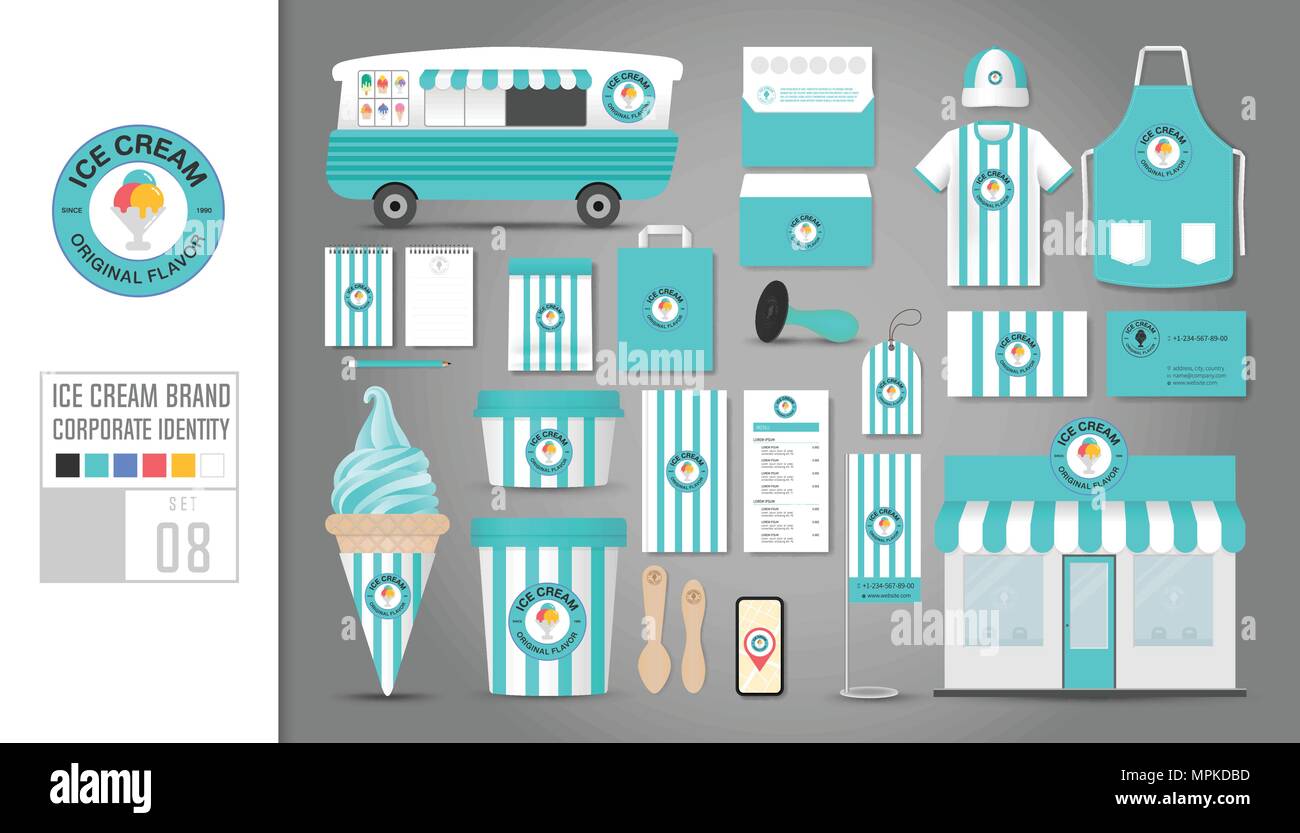 Corporate identity Vorlage festlegen 8. Logo-Konzept für eine Eisdiele, ein Café, ein Restaurant. Realistische mock up Schablone von Shop, Auto, t-shirt, Schürze, Sechskantschrauben Stock Vektor
