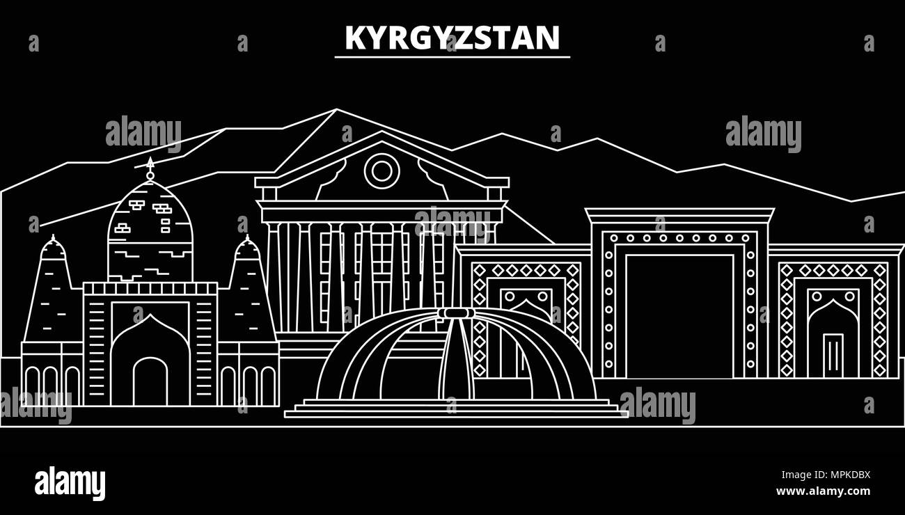 Kirgisistan silhouette Skyline, Vektor Stadt, Kirgisische geradlinige Architektur, Gebäude. Kirgisistan reisen Abbildung, umriss Wahrzeichen, Symbole, kirgisische Linie banner Stock Vektor