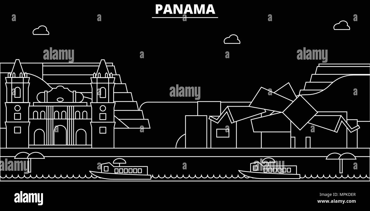 Silhouette Skyline von Panama City, Panama, Vector Linear Architektur, Gebäude. Panama reisen Abbildung, umriss Wahrzeichen, Symbole, Panama Linie banner Stock Vektor