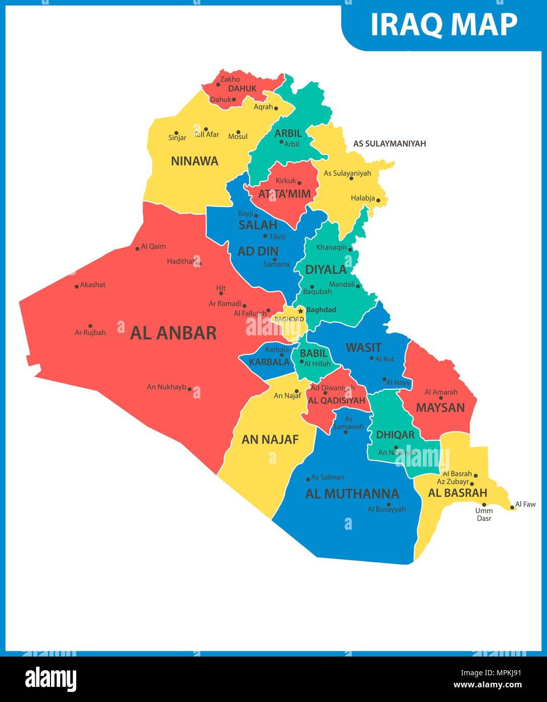 Die Detaillierte Karte Des Irak Mit Regionen Oder Staaten Und Stadte Der Hauptstadt Verwaltungseinheit Stock Vektorgrafik Alamy