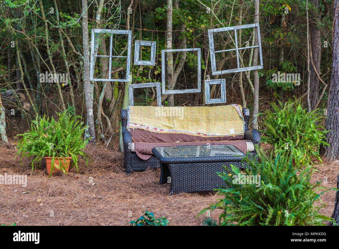 Leere Fensterrahmen hinter Sitzgelegenheiten im Freien am Rande eines Waldgebiets Stockfoto