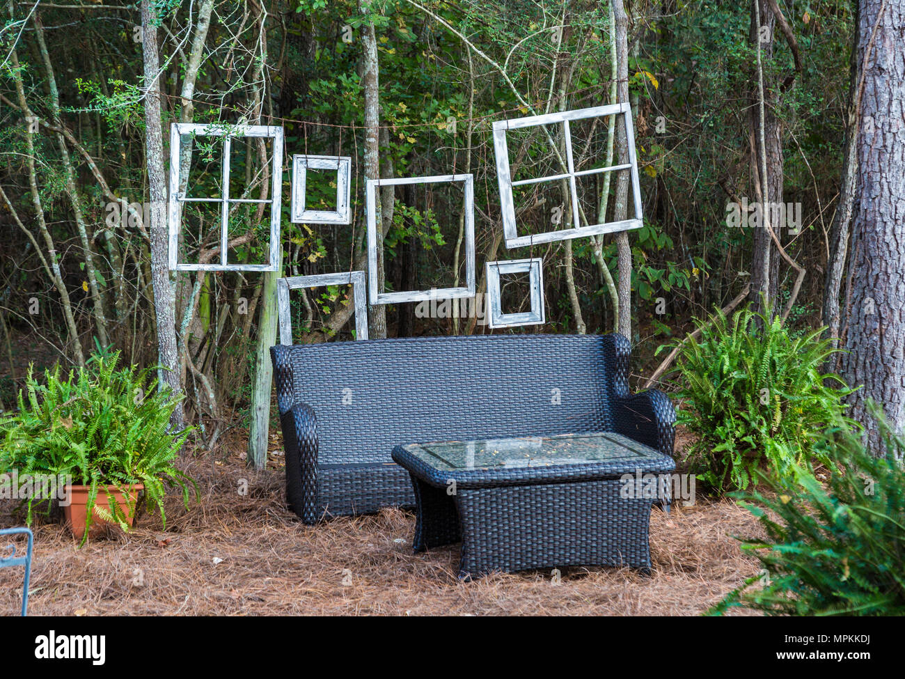 Leere Fensterrahmen hinter Sitzgelegenheiten im Freien am Rande eines Waldgebiets Stockfoto