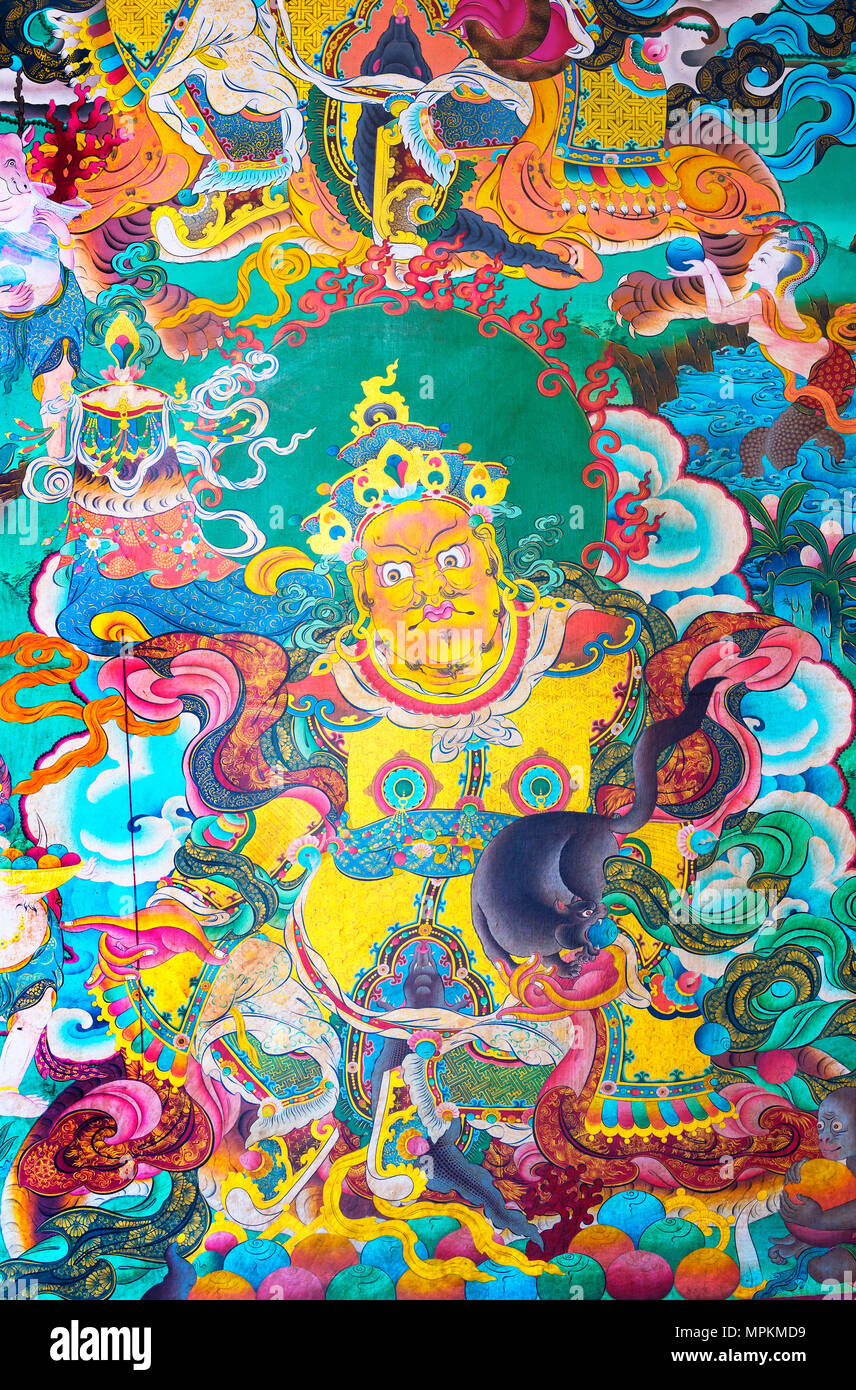Wandmalereien von tibetischen Gottheiten, Boudhanath Stupa, der größten asiatischen Stupa, UNESCO-Weltkulturerbe, Kathmandu, Nepal, Asien Stockfoto