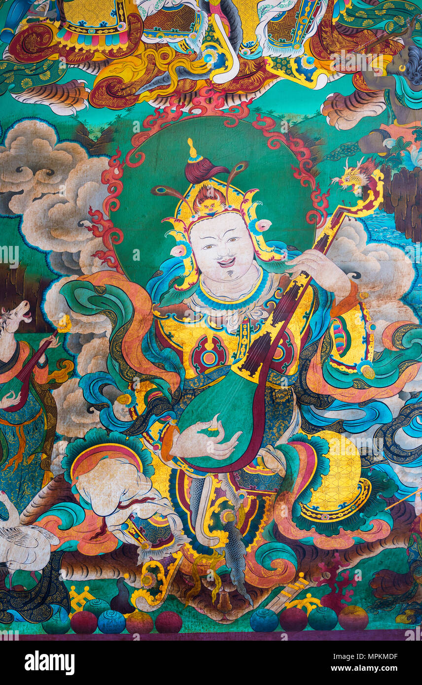 Wandmalereien von tibetischen Gottheiten, Boudhanath Stupa, der größten asiatischen Stupa, UNESCO-Weltkulturerbe, Kathmandu, Nepal, Asien Stockfoto