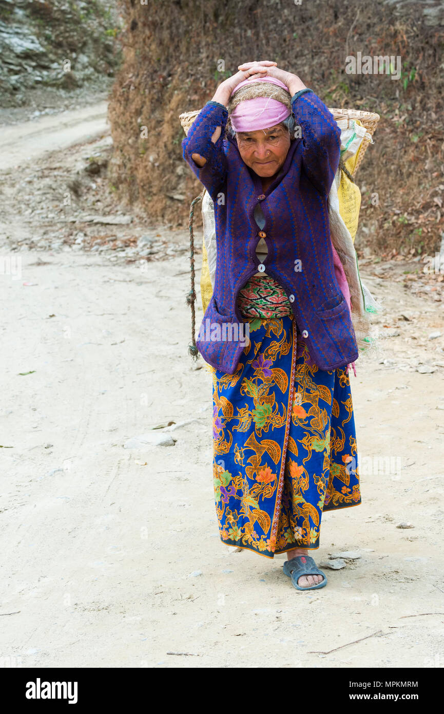 Alte nepalesische Frau Steine, die für den Bau der Straße auf ihren Rücken, Dhampus Bergdorf, Nepal Stockfoto
