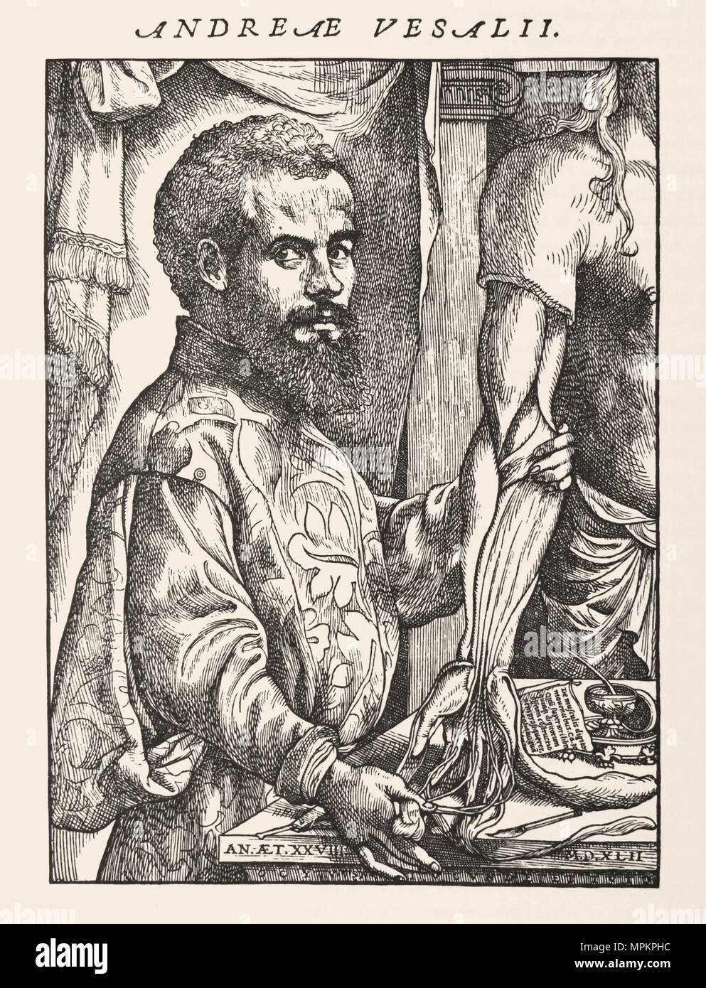 Holzschnitt Porträt des Autors. ' Auf das Gewebe des menschlichen Körpers" von Andreas Vesalius. Brüssel, 1970. Full-size Faksimile der 1543 Edition. Stockfoto