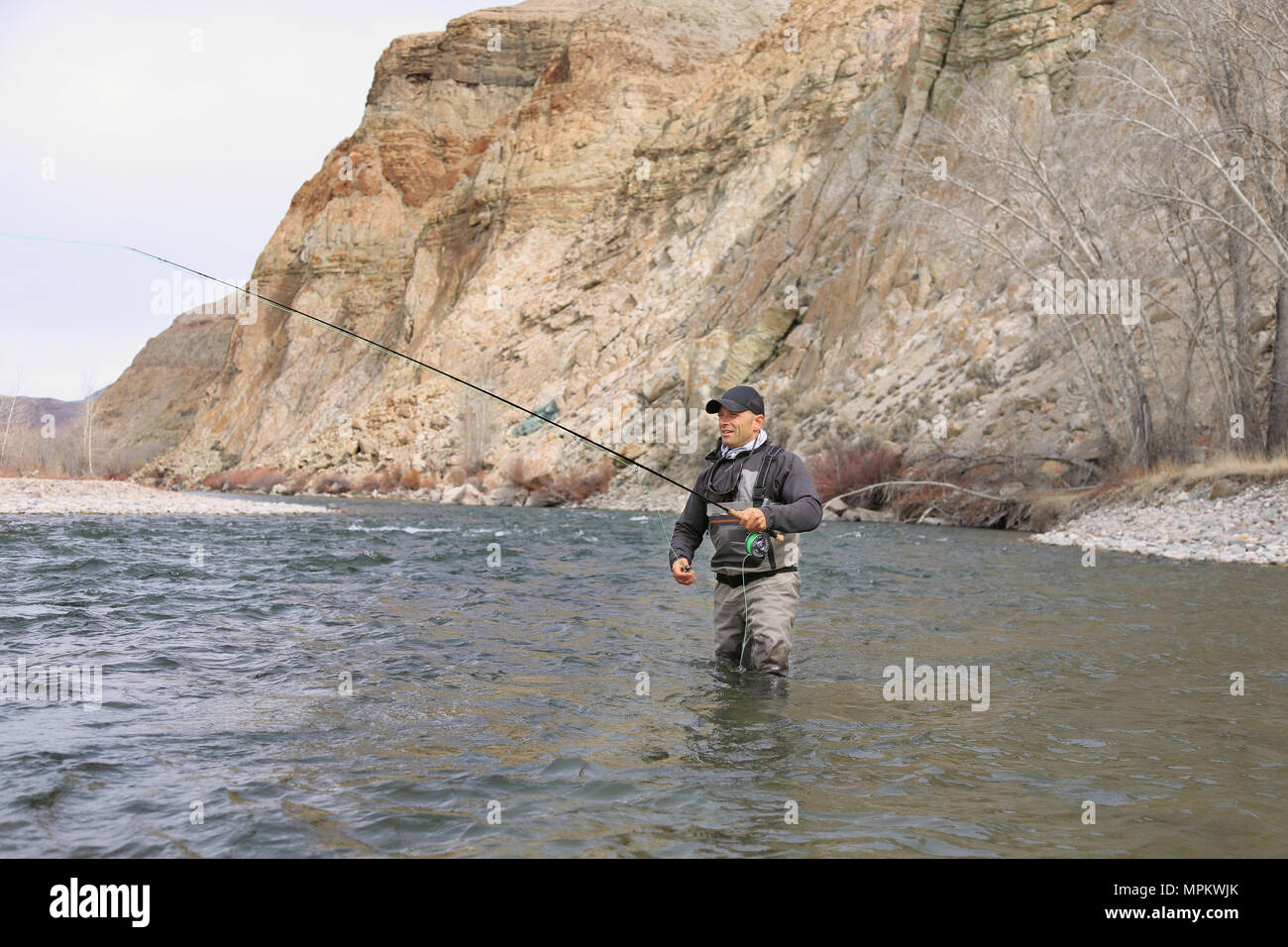 Erwachsene Fliegenfischer watend und Gießrute auf einem Fluss Stockfoto