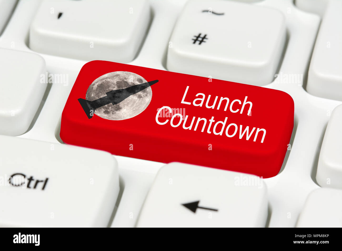 Start Countdown-Taste mit einer Rakete und Mond Grafik, auf einer PC-Tastatur. Stockfoto