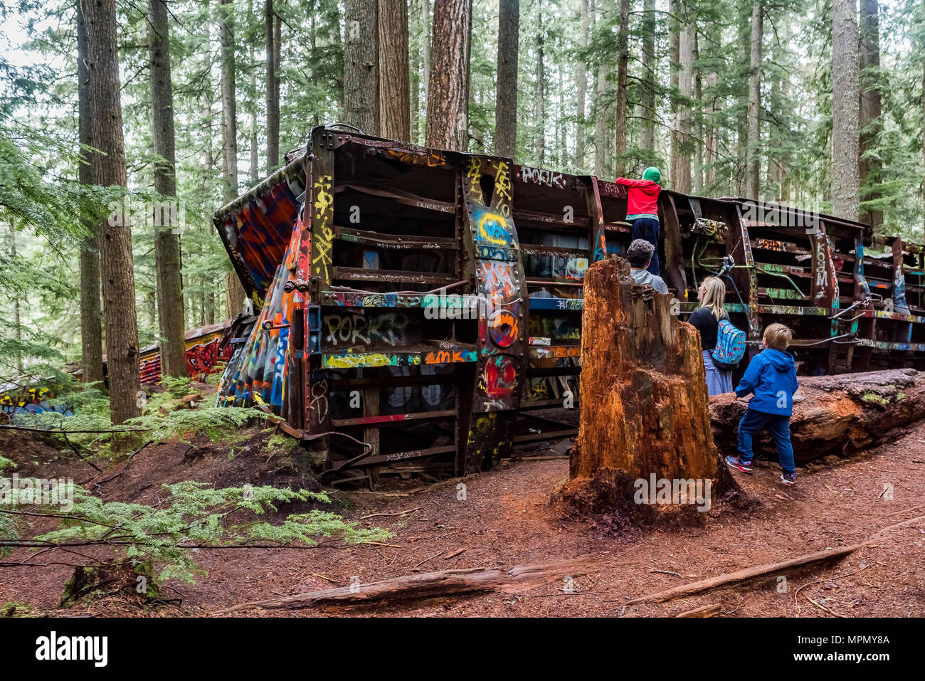 Whistler Zugwrack, Graffiti, twisted Wagen in den Wald in der Nähe des Flusses Cheakamus, Whistler, British Columbia, Kanada verstreut. Stockfoto