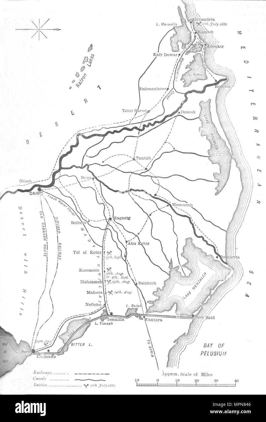 'Map des Delta des Nils, strategische Punkte in der Ägyptischen Kampagne, 1882, (c 1882-85). Artist: Unbekannt. Stockfoto