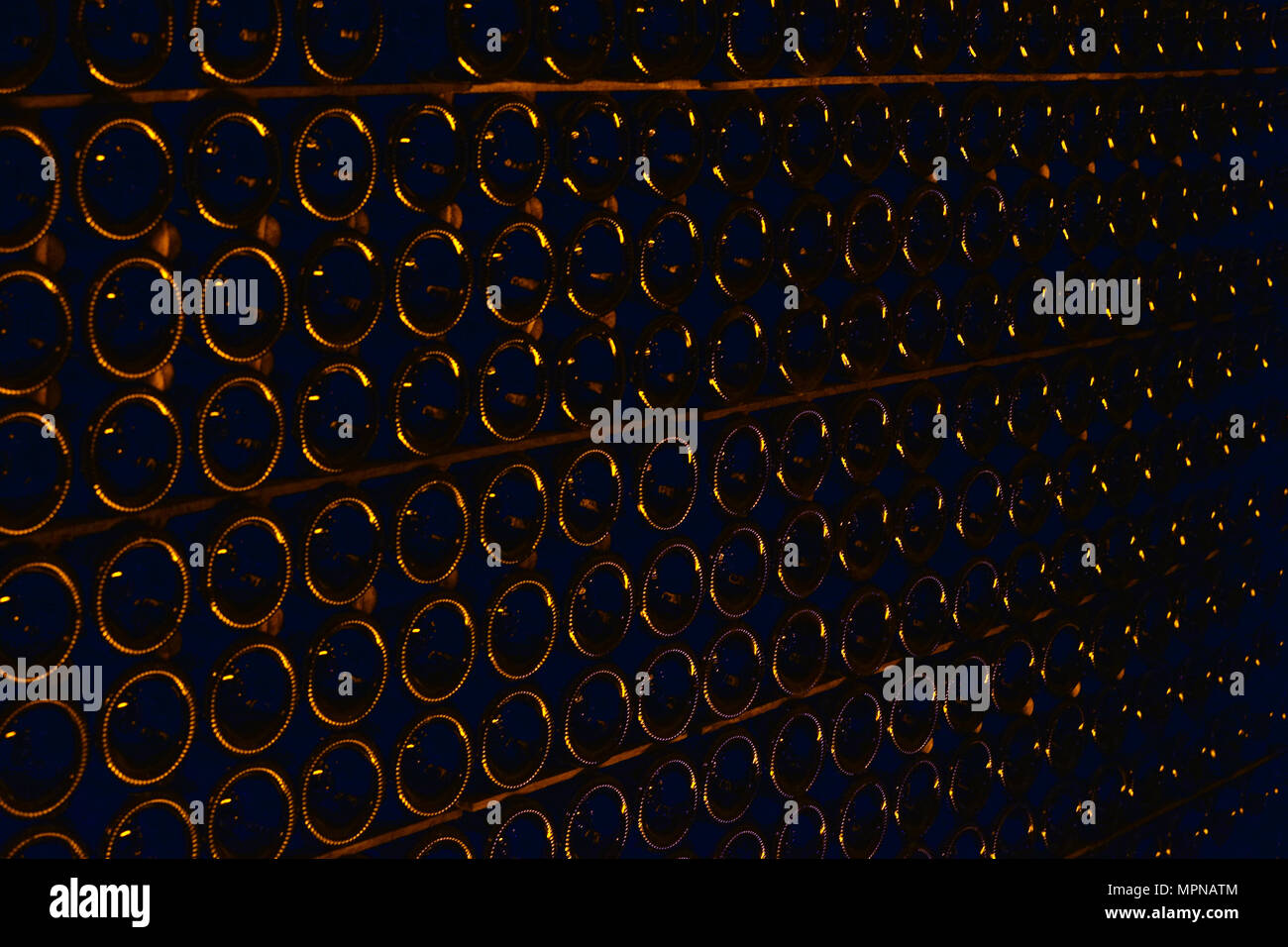 Viele Champagner Flaschen im Weinkeller. Stockfoto