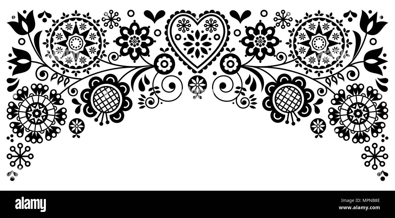 Volkskunst Rahmenlinie retro Vektor Grußkarte Design, Blumen Schwarz-weiß Ornament von skandinavischen Kunst inspiriert Stock Vektor