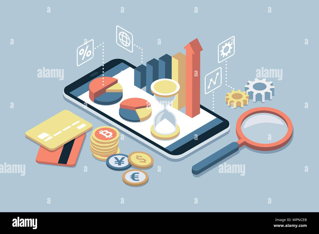 Wirtschaft, Finanzen und Investitionen App auf einem Smartphone mit Kreditkarten und Währungen Stock Vektor